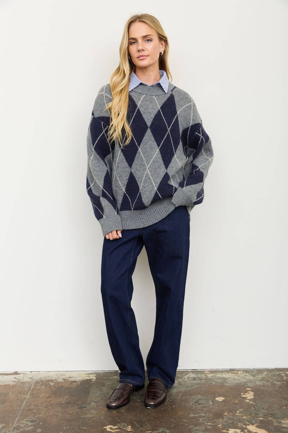 Oversized Argyle Knit Pullover