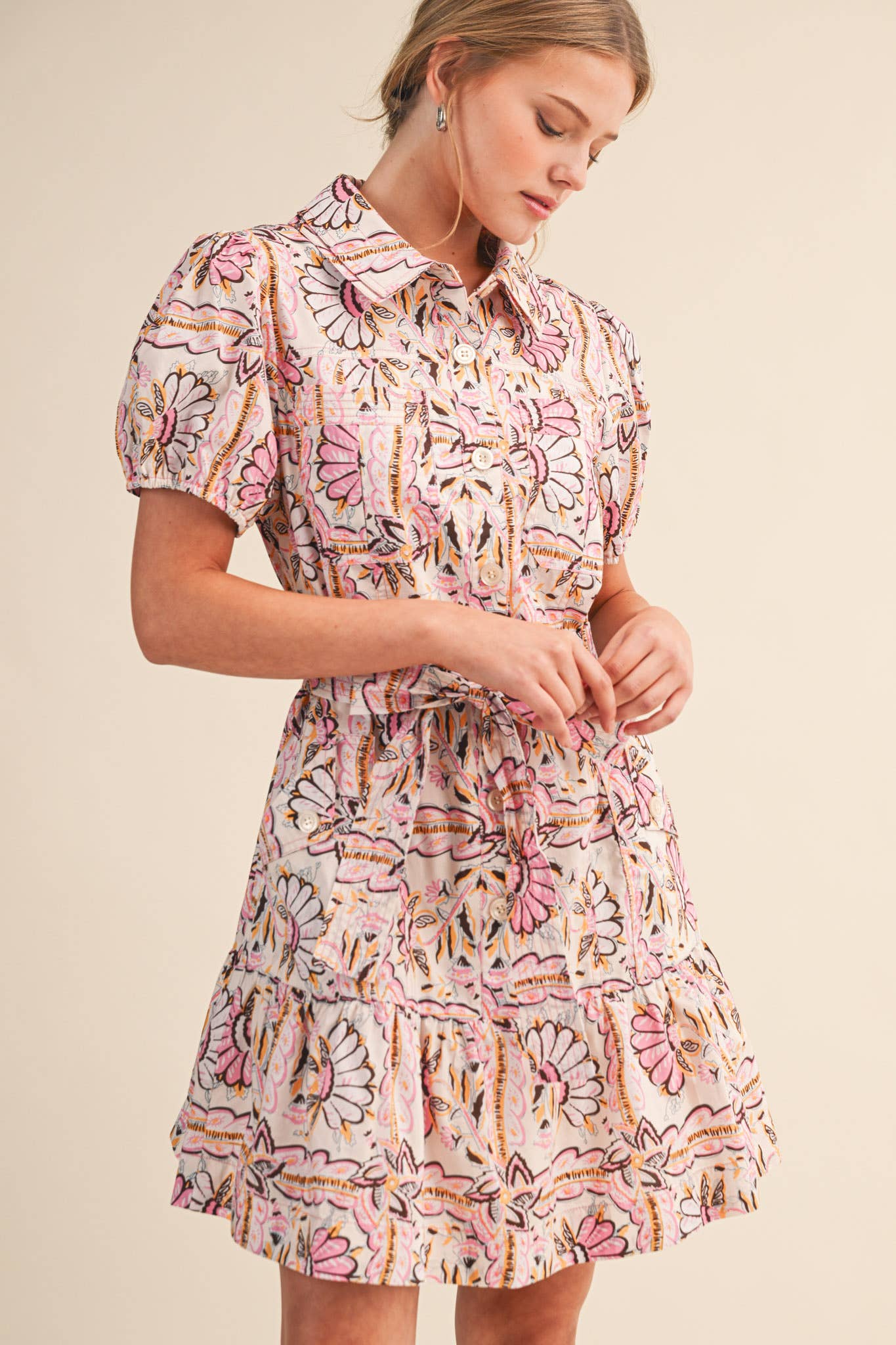 Floral Button Down Puff Sleeve Mini Dress