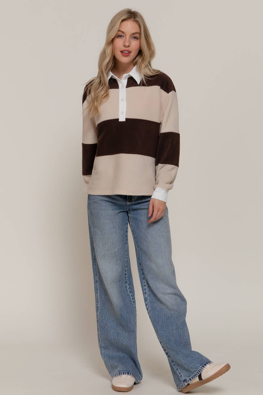 Rugby Stripe Fleece Polo Top