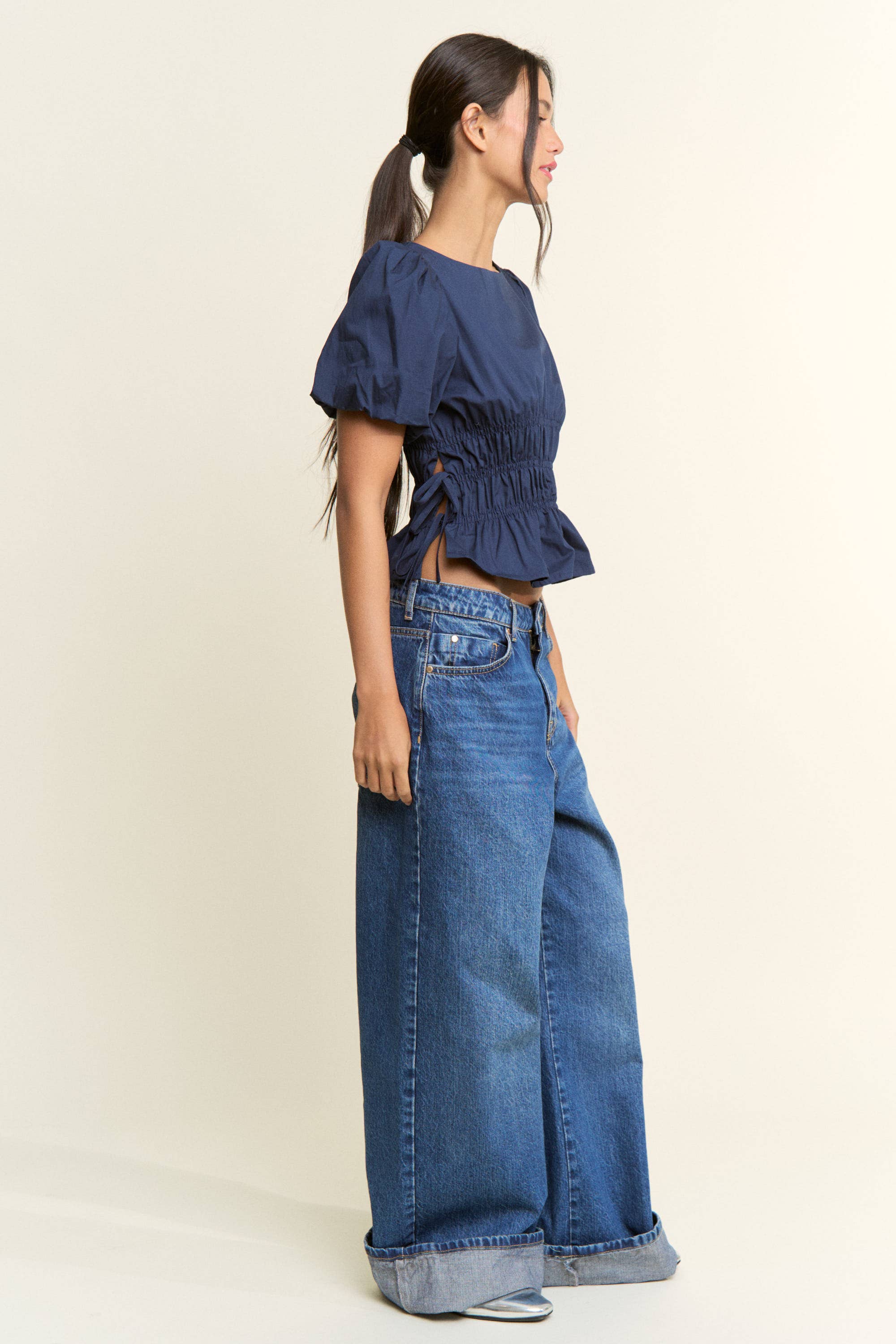 Boat Neckline Smocked Puff Sleeve Top