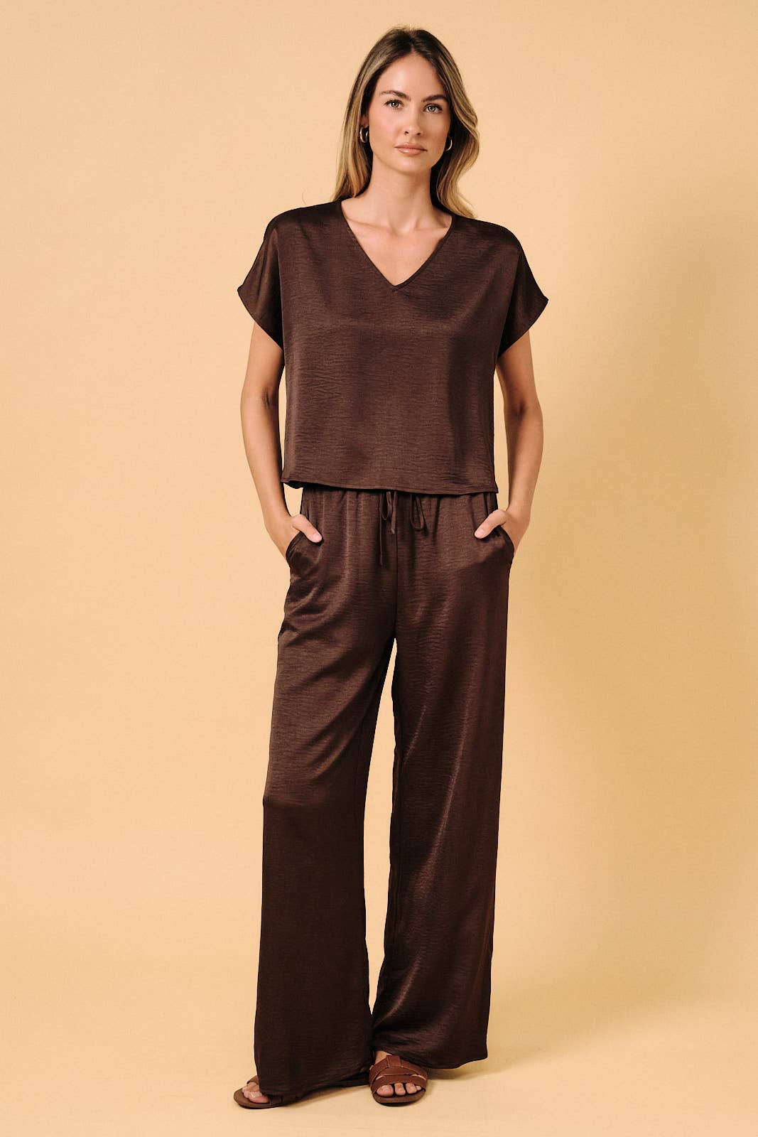 V-Neck Short Sleeve Crinkle Satin Top