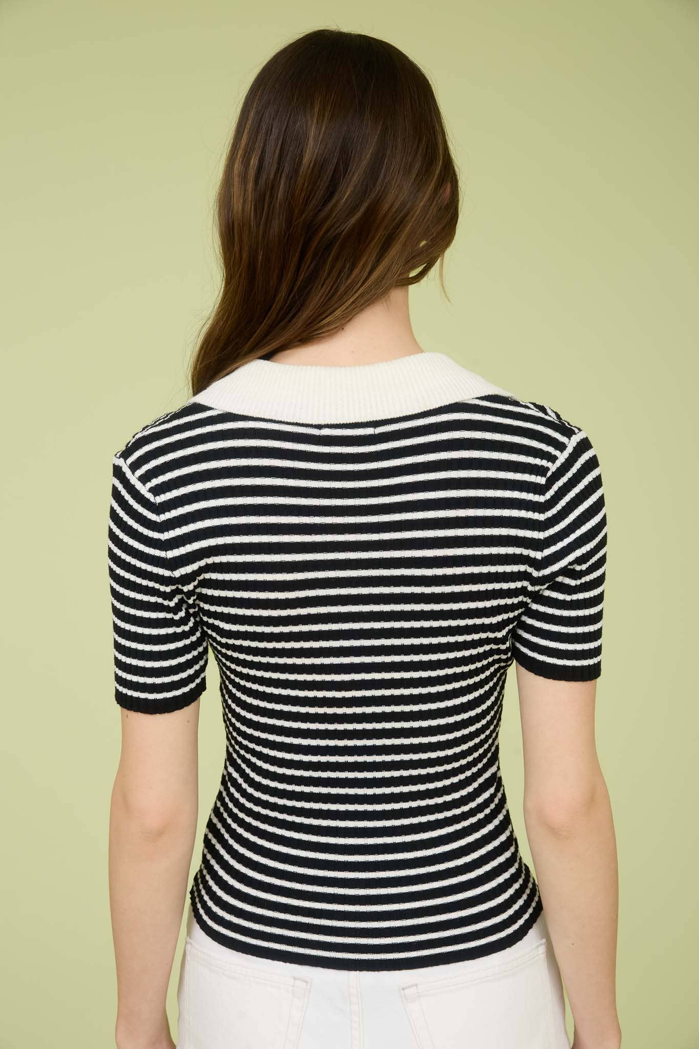 Striped V-Neck Collared Sweater Knit Top