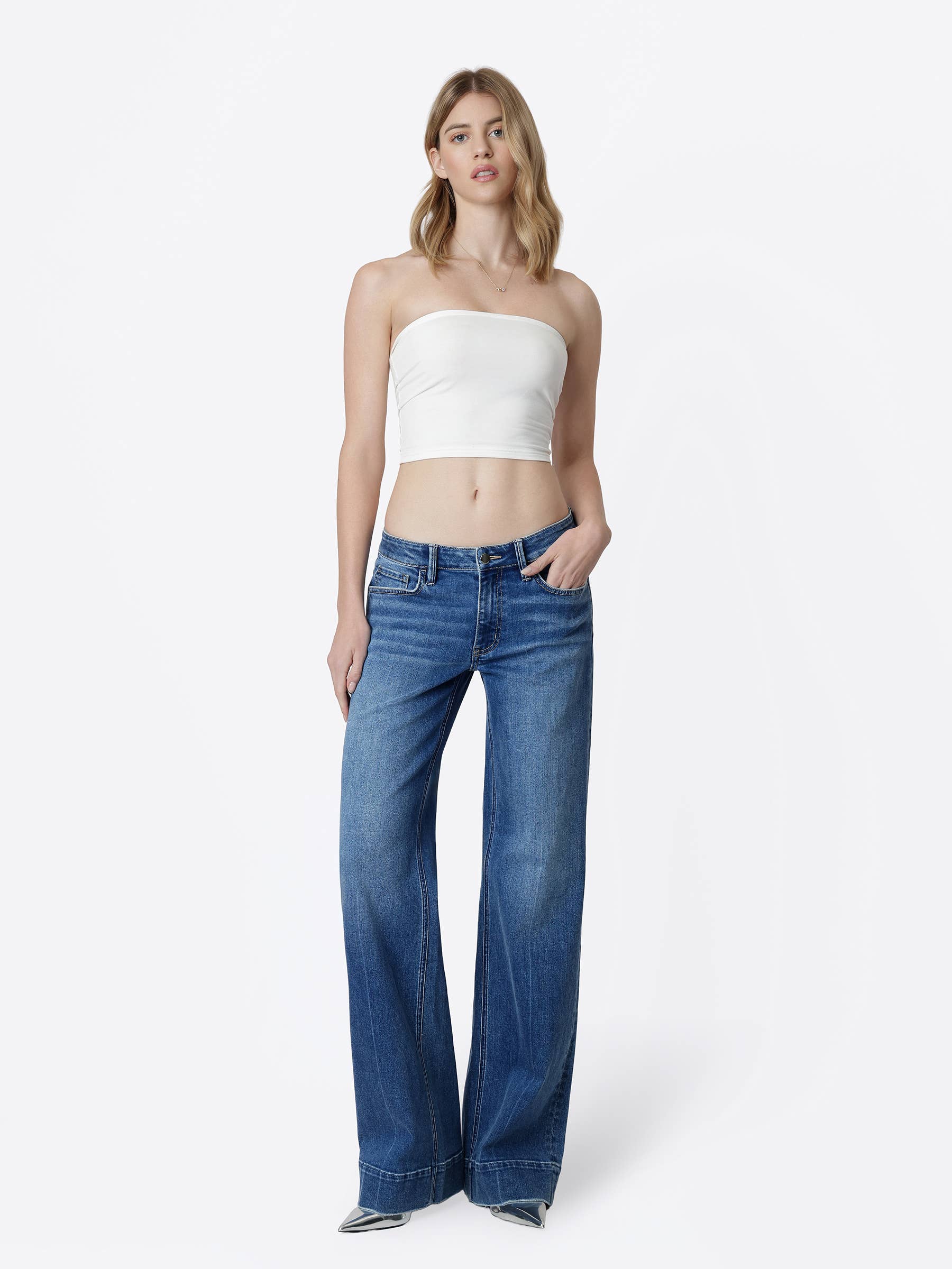 Low Rise Trouser Hem Dark Wash Wide Leg Jeans