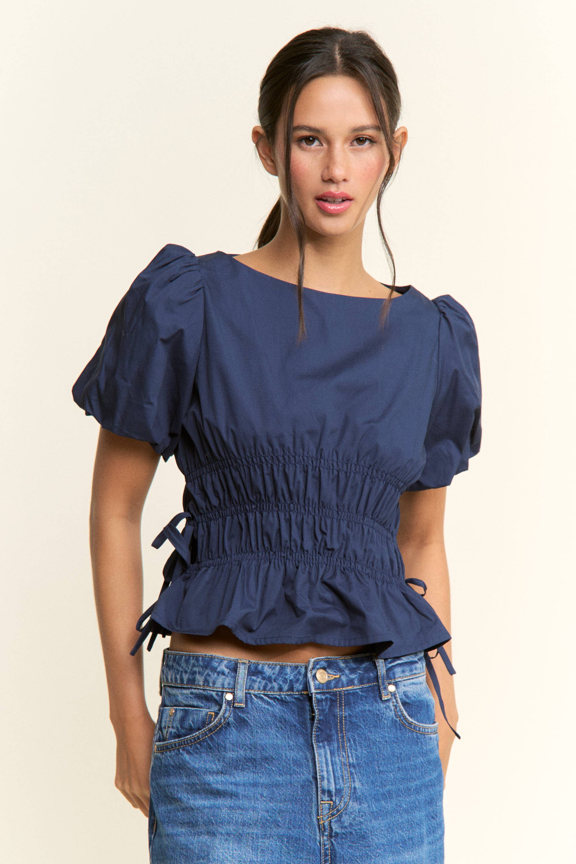 Boat Neckline Smocked Puff Sleeve Top