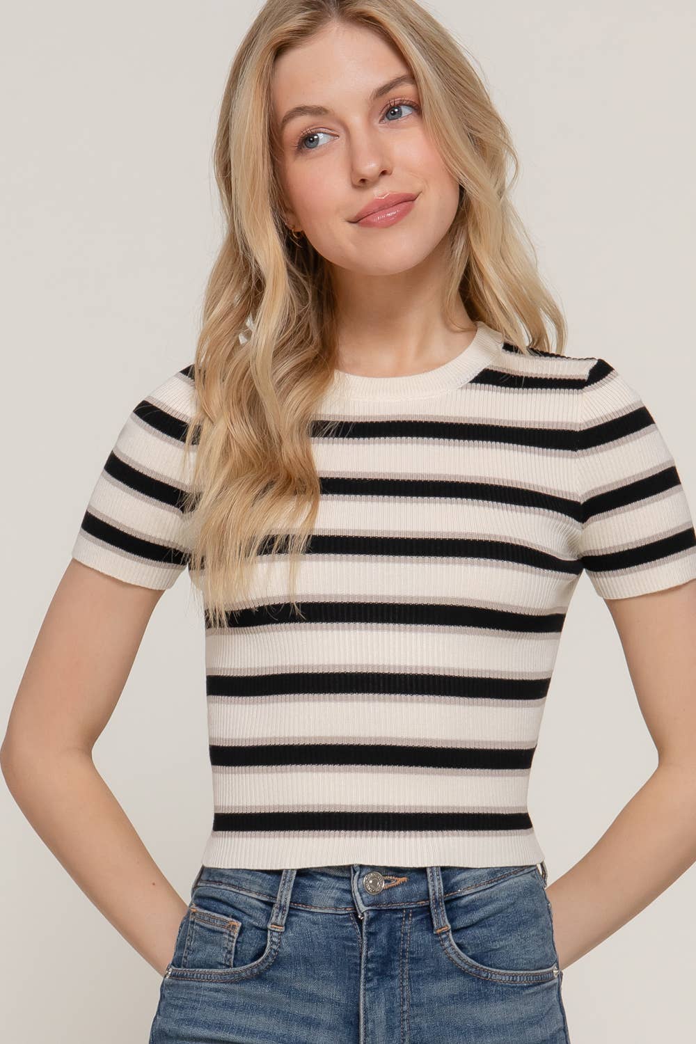 Short-Sleeve Ribbed Multi-Stripe Top