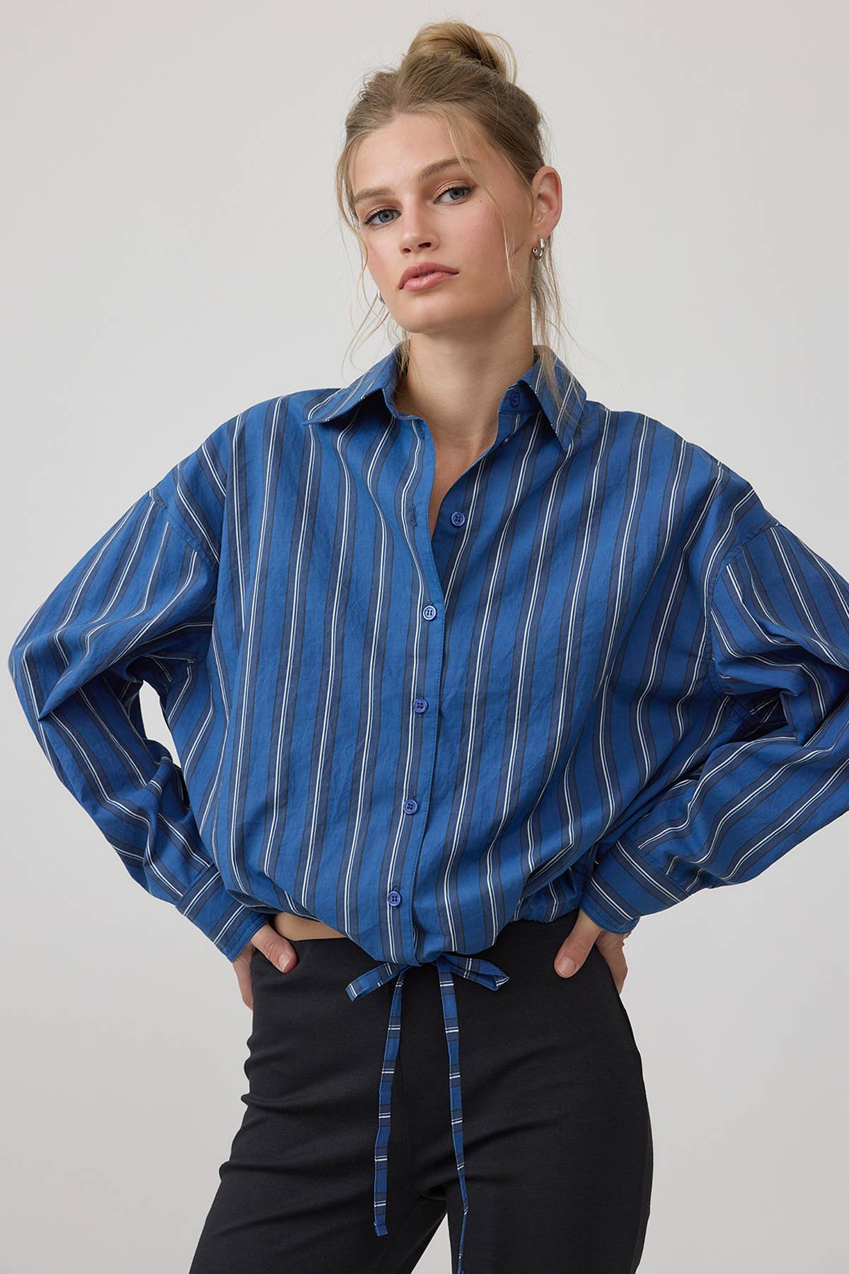 Stripe Button-Up Drawstring Shirt