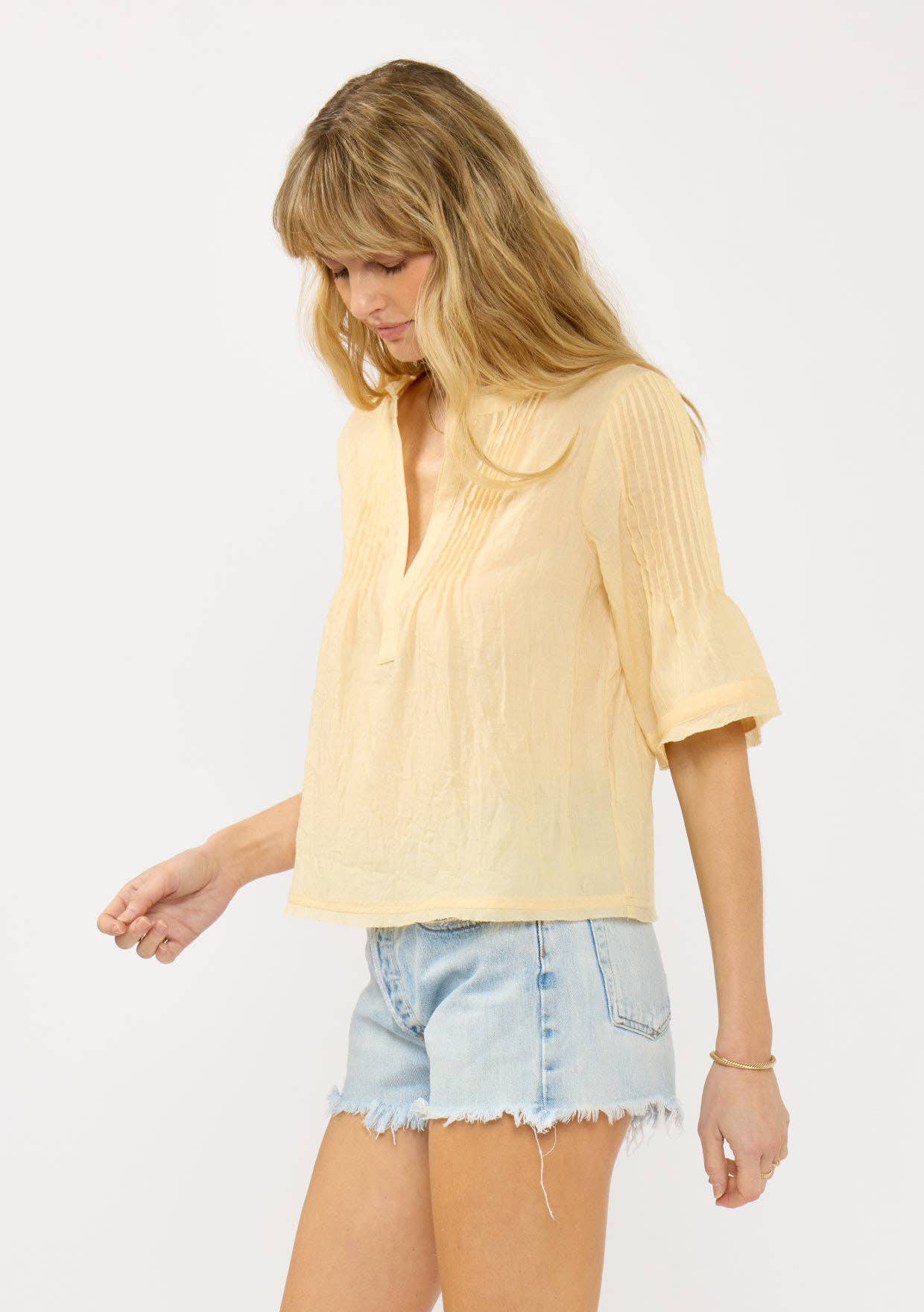 Short Sleeve Split-Neck Pintuck Top