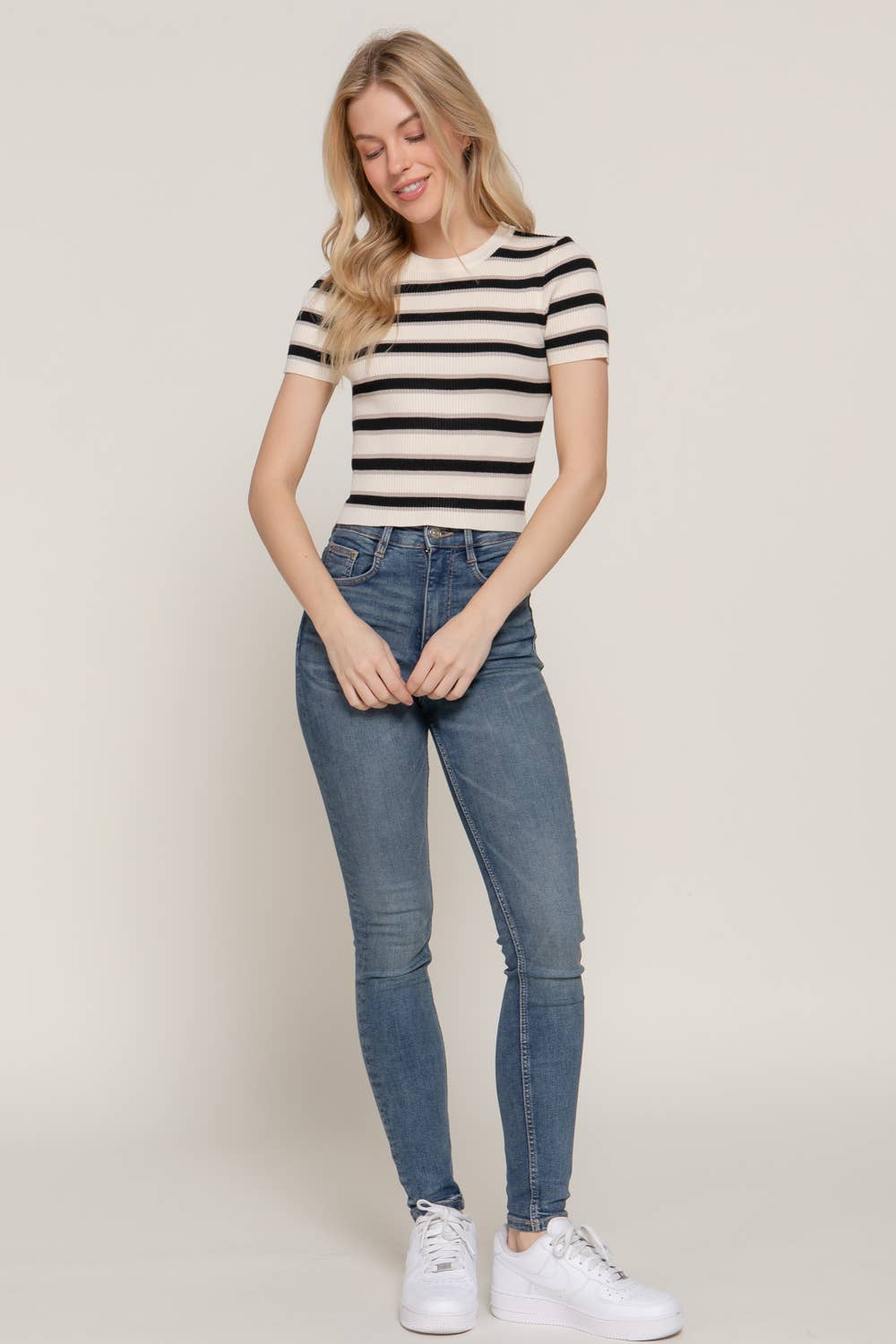 Short-Sleeve Ribbed Multi-Stripe Top