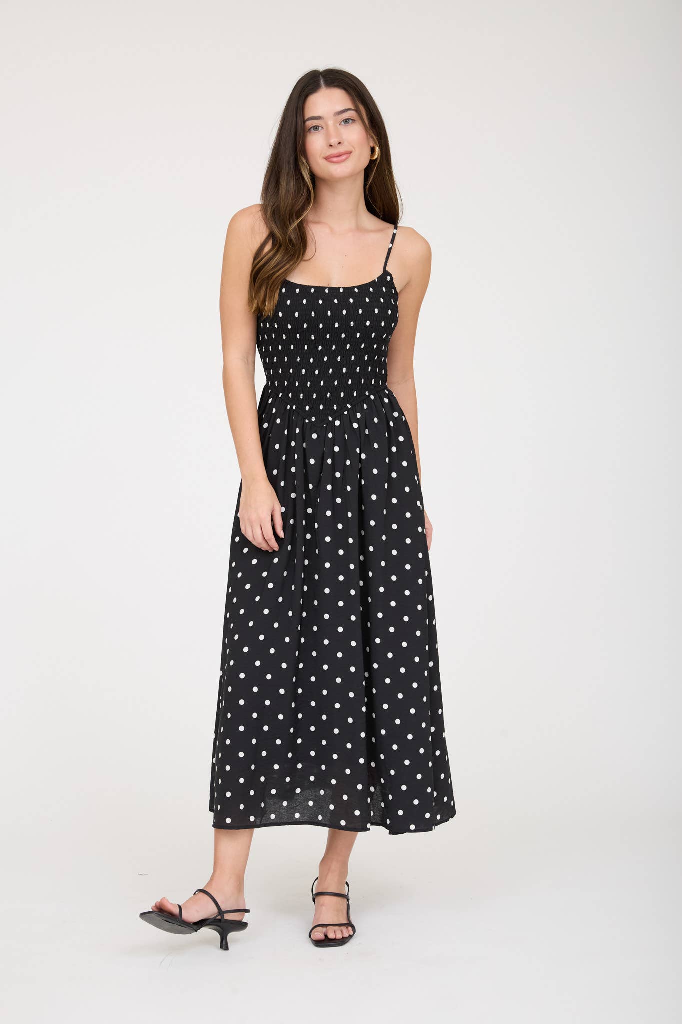 Polka Dot Smocked Basque Waist Midi Dress, S