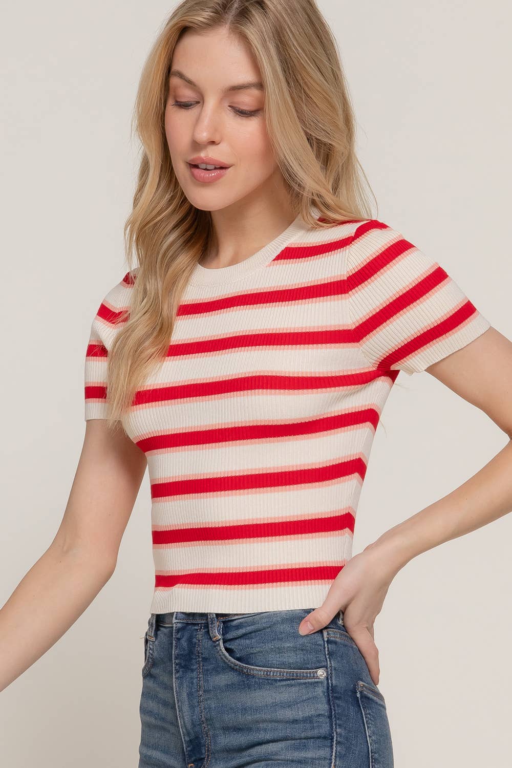 Short-Sleeve Ribbed Multi-Stripe Top