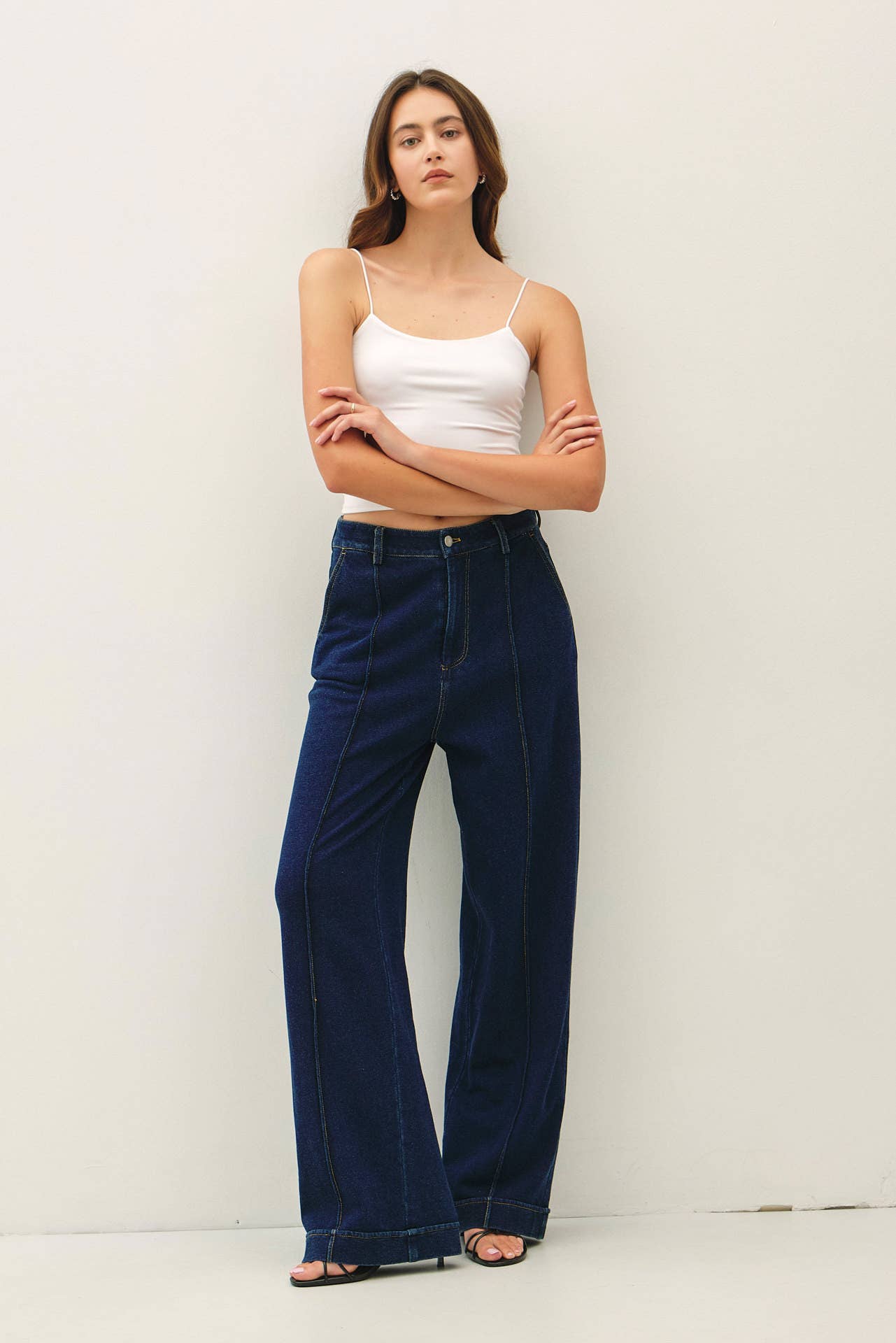 Knit Denim Wide Leg Pintuck Pants