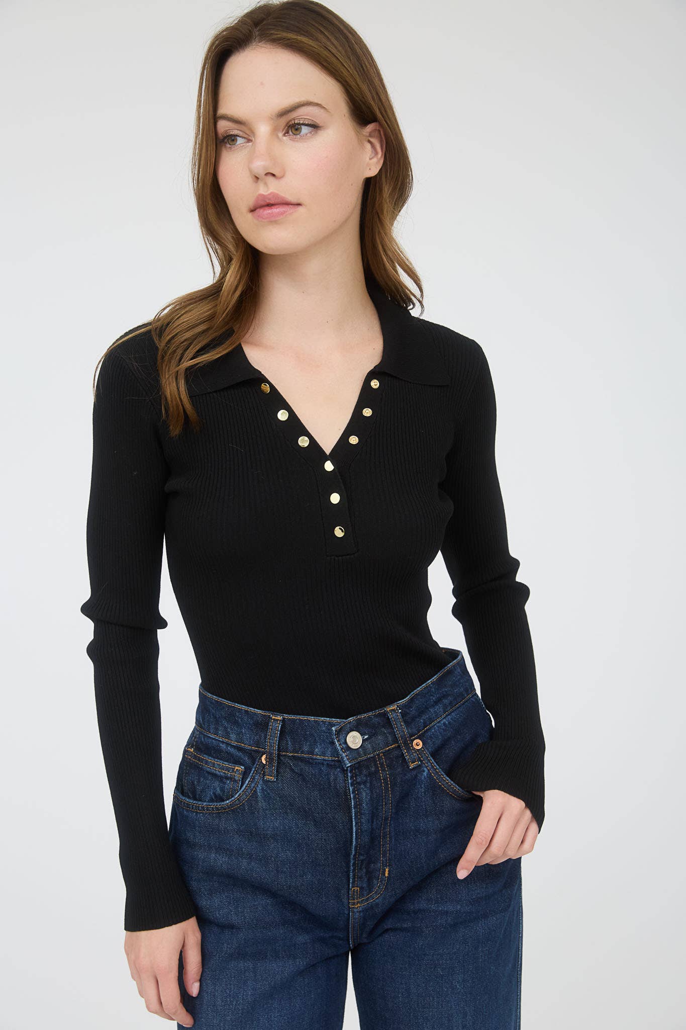 Gold-Button Knit Long Sleeve