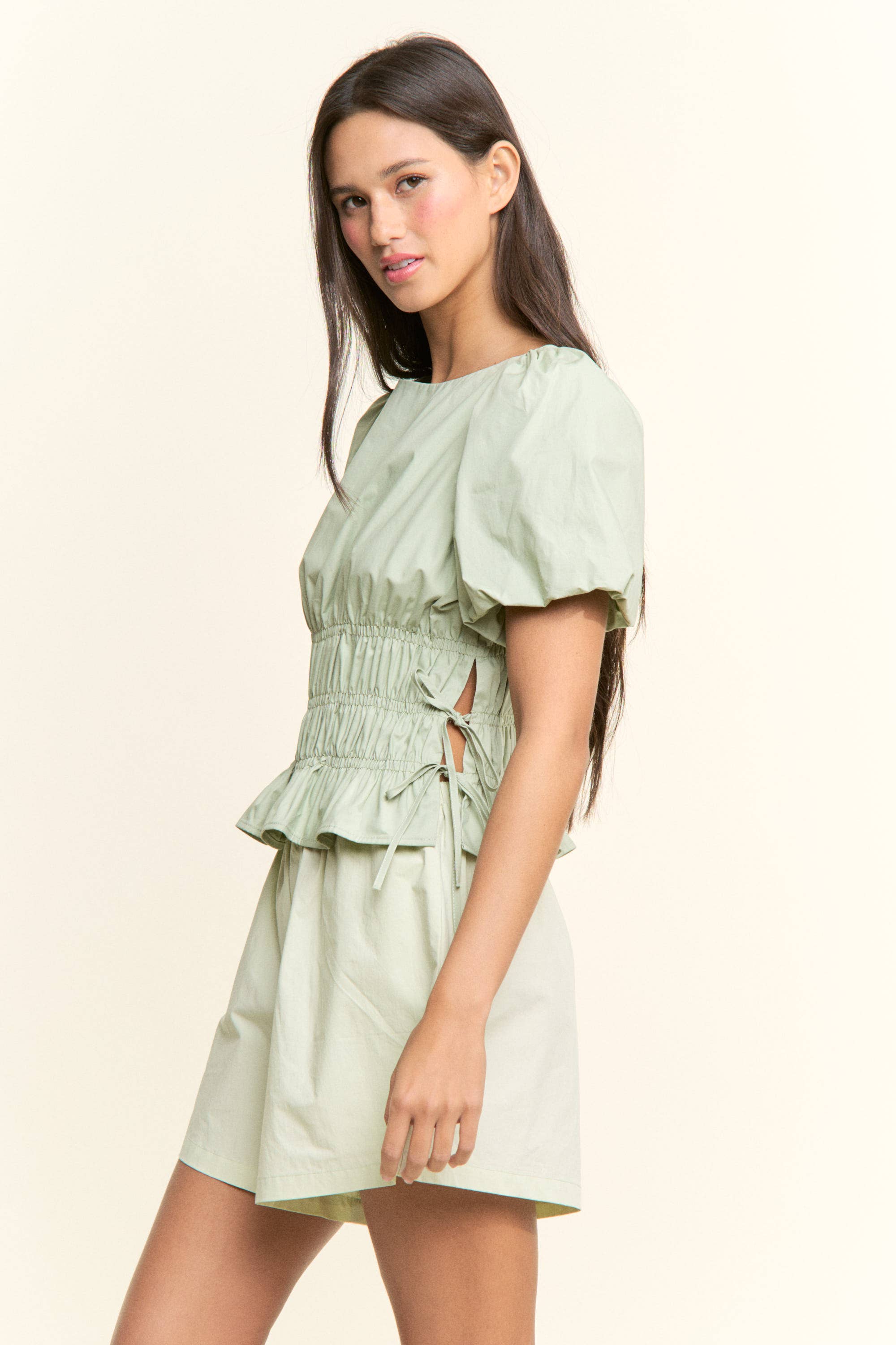 Boat Neckline Smocked Puff Sleeve Top