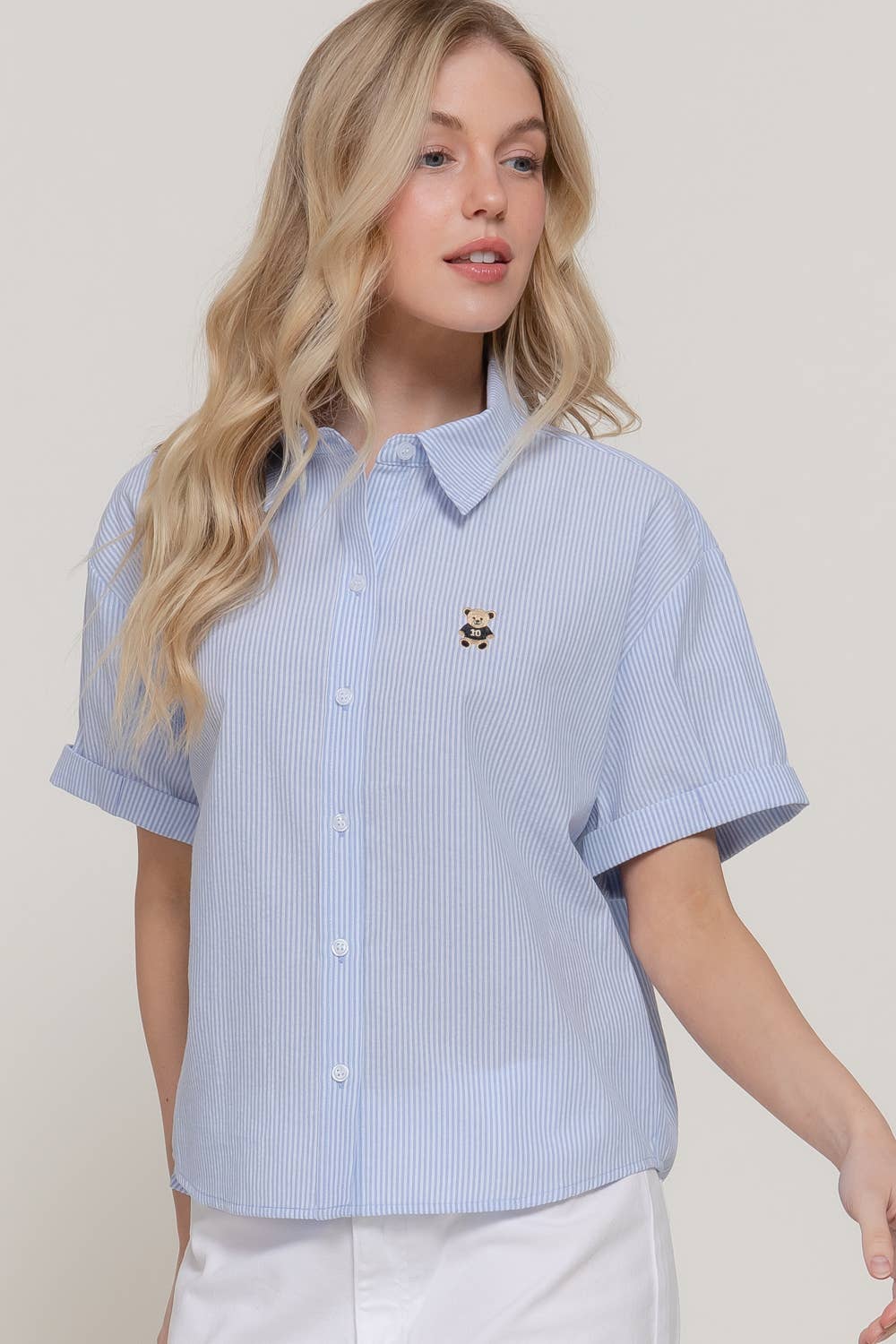 Bear Embroidered Collared Shirt