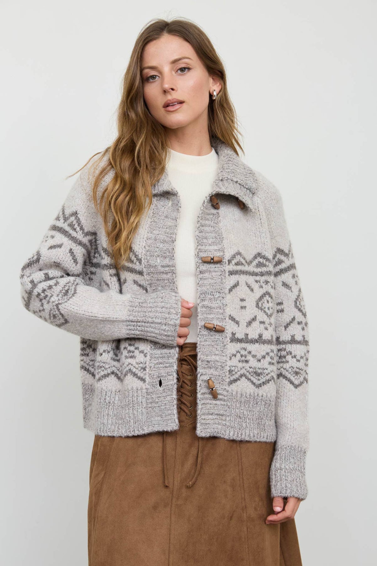 Toggle Button Fair Isle Knit Cardigan
