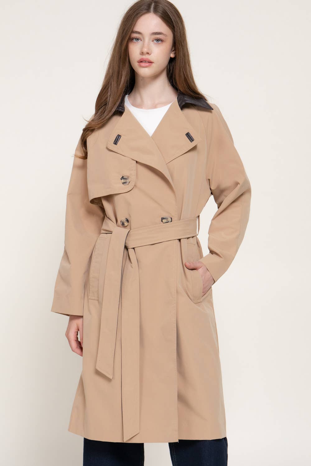 Trench Coat with Faux Leather Collar/Belt