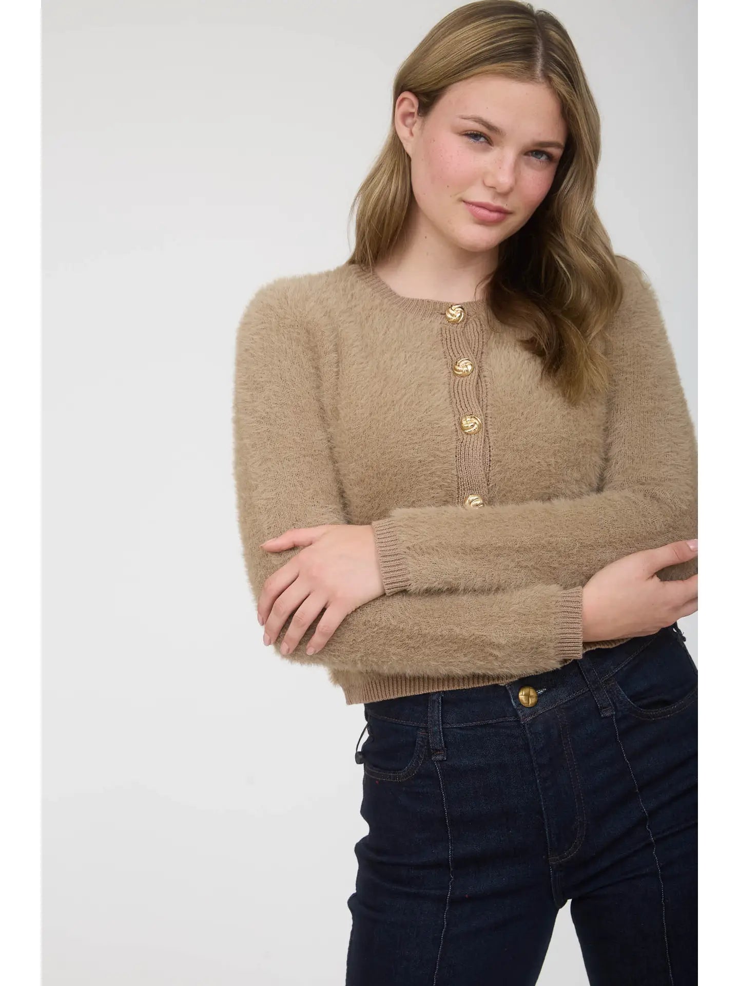 Gold Button Fuzzy Cardigan