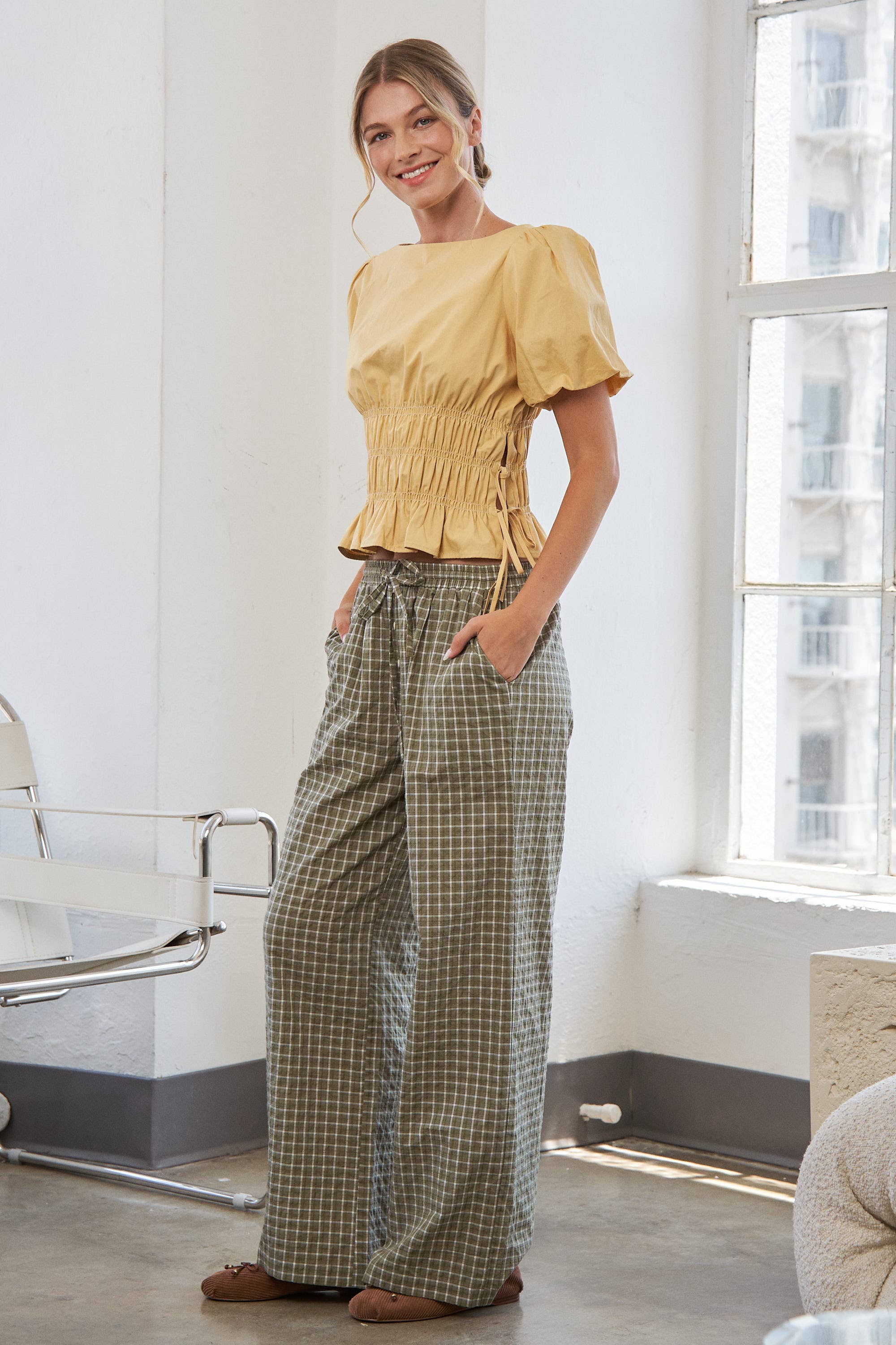 Boat Neckline Smocked Puff Sleeve Top