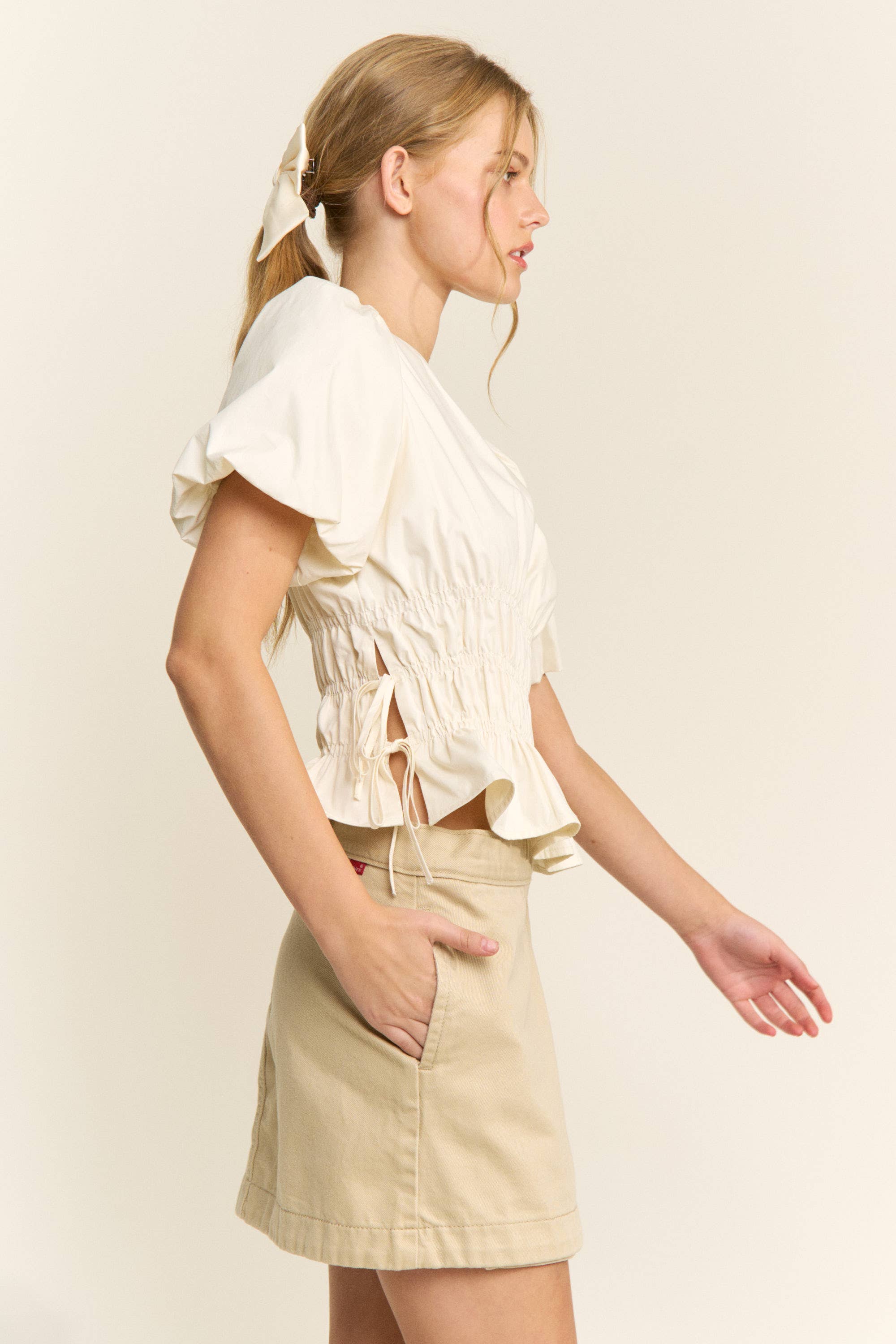 Boat Neckline Smocked Puff Sleeve Top