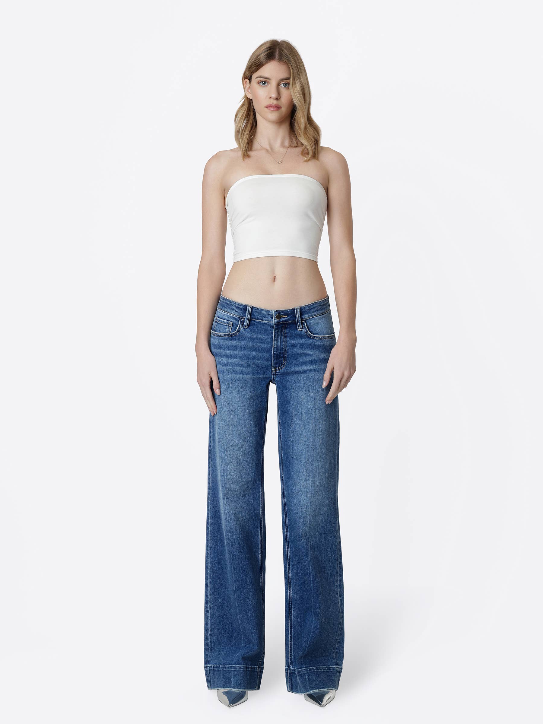 Low Rise Trouser Hem Dark Wash Wide Leg Jeans