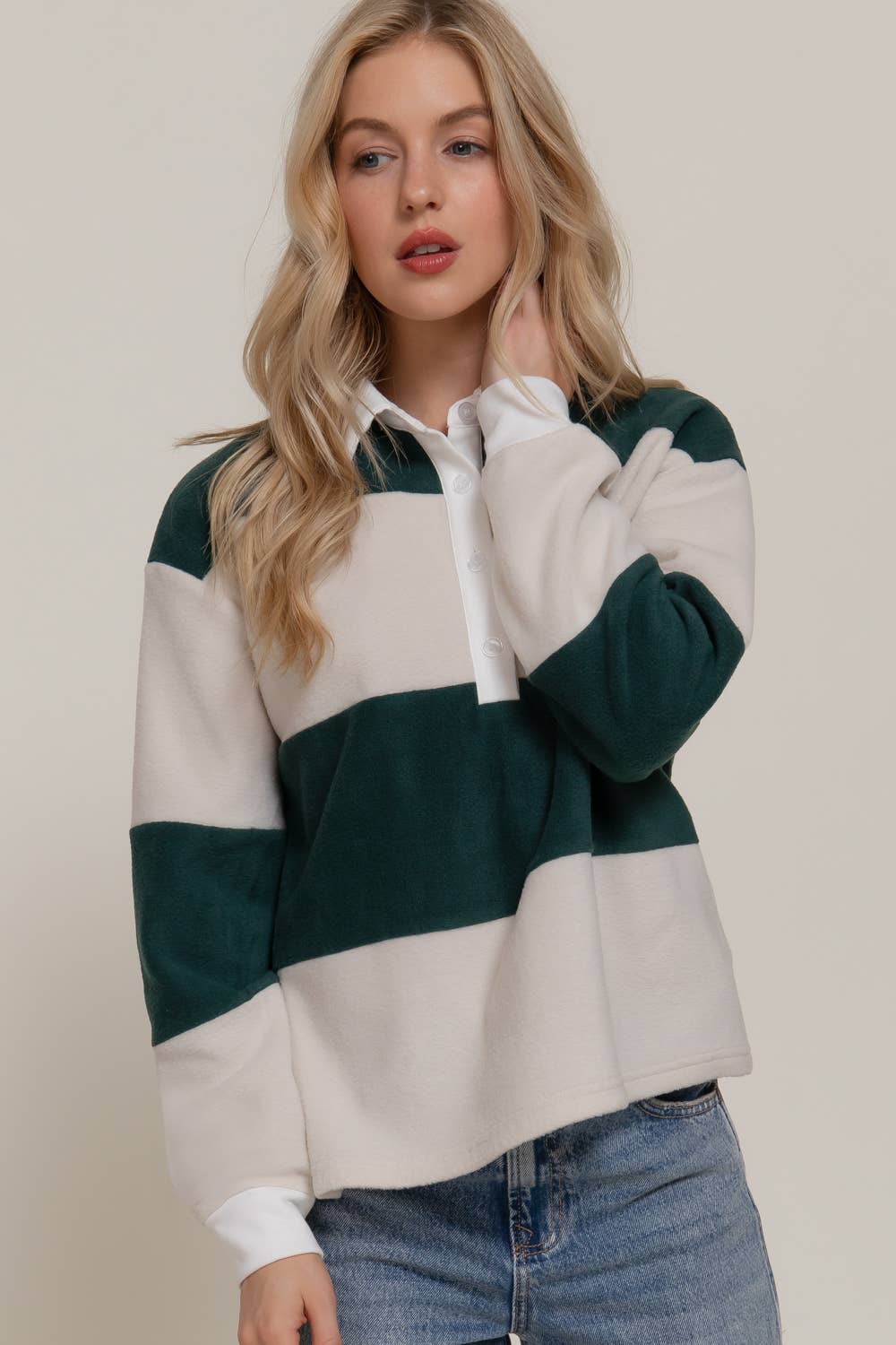 Rugby Stripe Fleece Polo Top