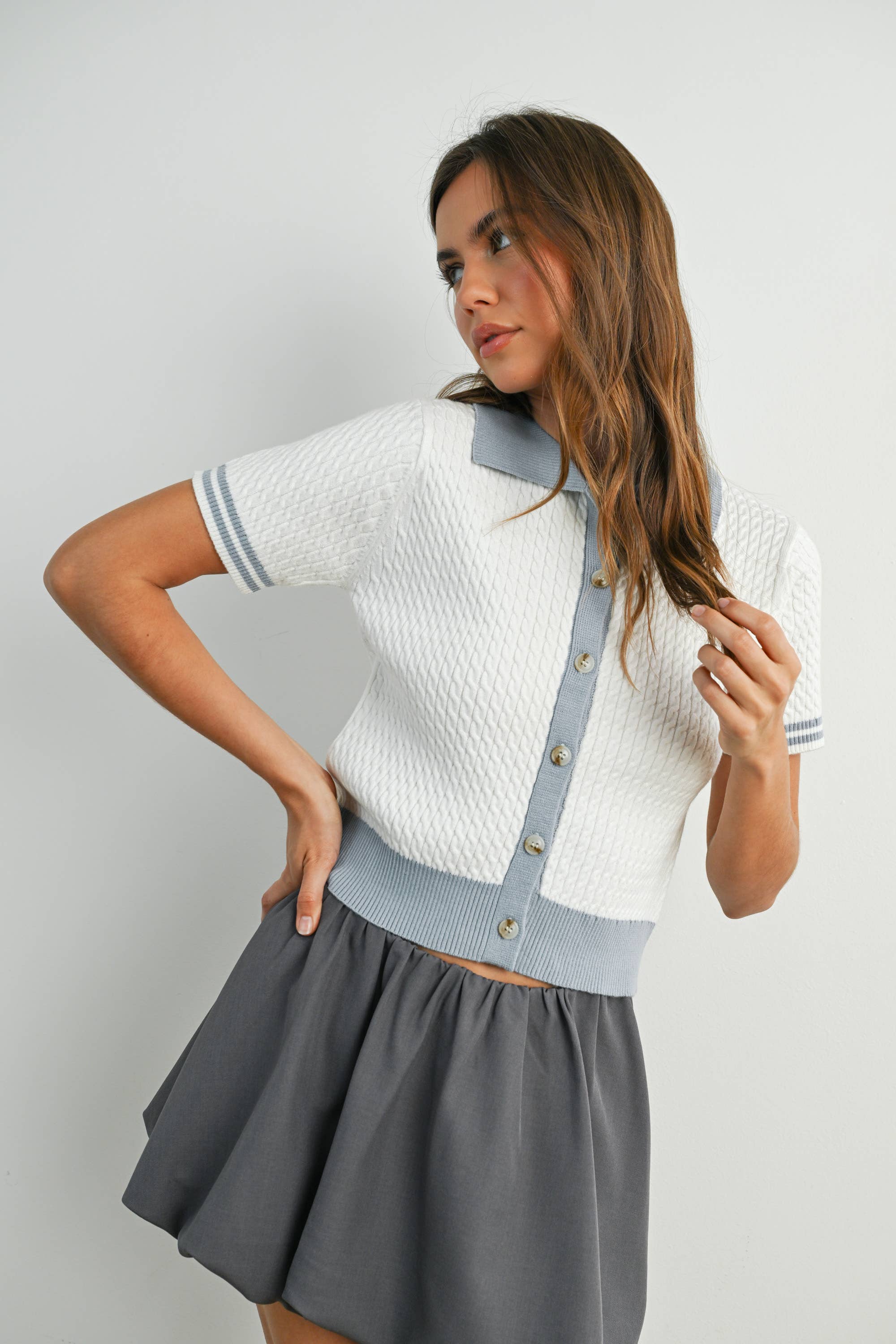Button-Up Collared Short Sleeve Top