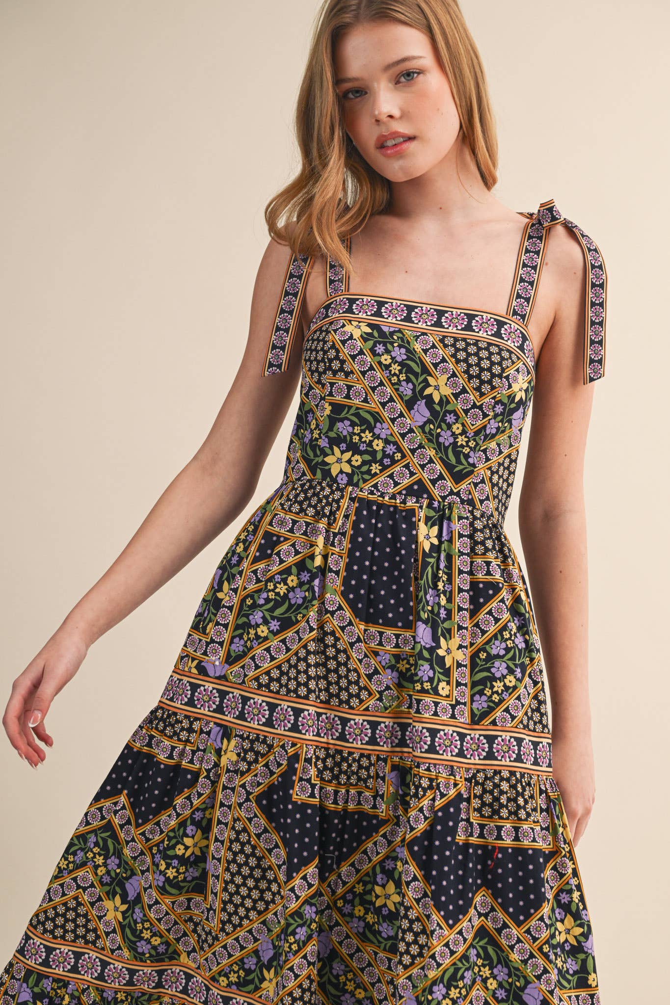 Patchwork Tie Strap Midi Dress