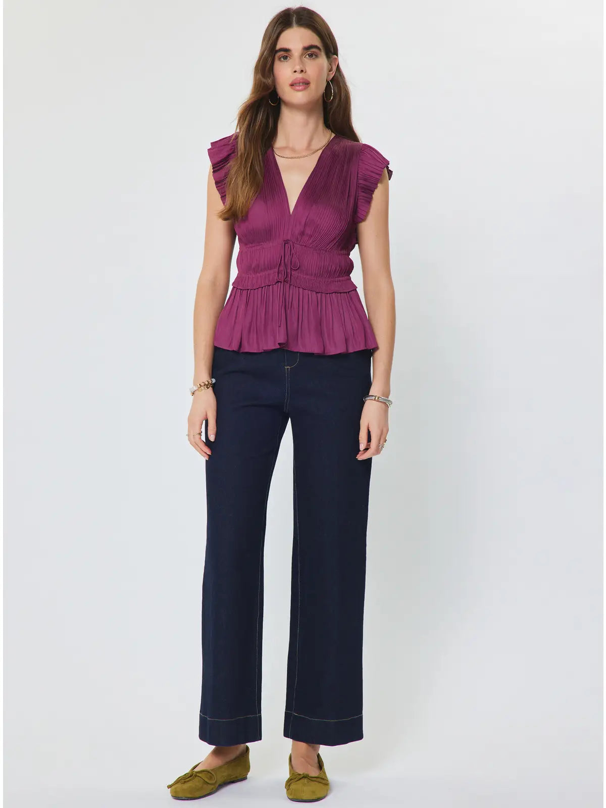 Pleated Peplum V-Neck Blouse