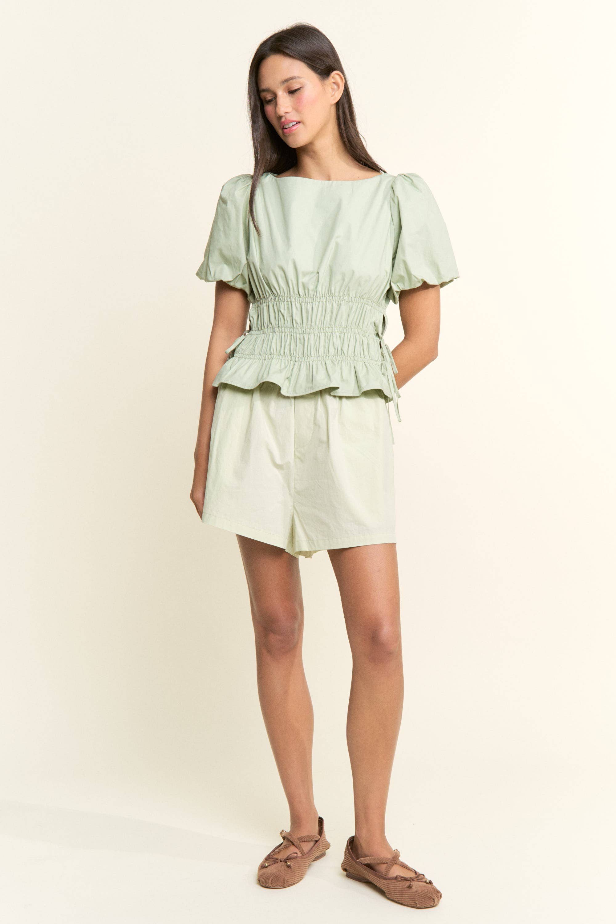 Boat Neckline Smocked Puff Sleeve Top