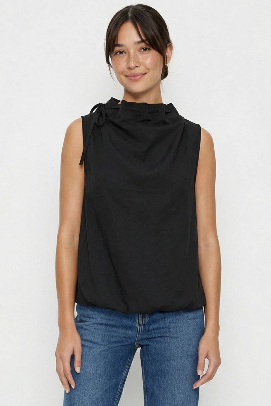 Cinched Mock Neck Sleeveless Top