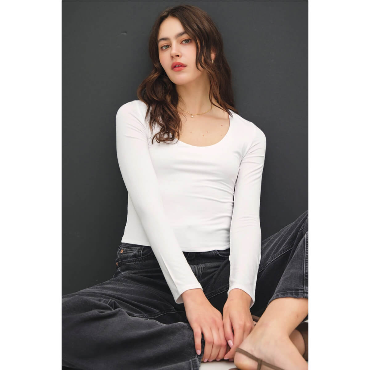 Basic Long Sleeve Top white front | MILK MONEY milkmoney.co | cute tops for women. trendy tops for women. cute blouses for women. stylish tops for women. pretty womens tops.