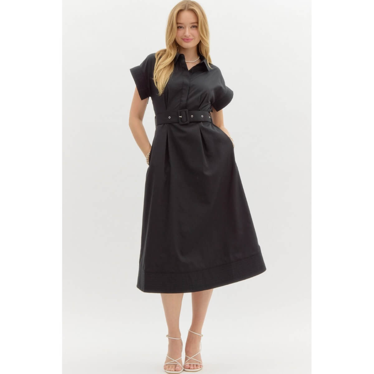 Belted Shirt Midi Dress black front | MILK MONEY milkmoney.co | cute clothes for women. womens online clothing. trendy online clothing stores. womens casual clothing online. trendy clothes online. trendy women's clothing online. ladies online clothing stores. trendy women's clothing stores. cute female clothes.