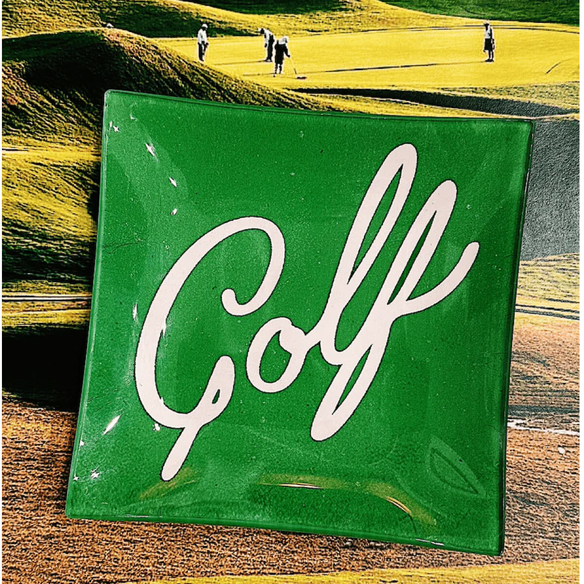 Ben's Garden Golf Script Decoupage Glass Tray green front | MILK MONEY milkmoney.co | white elephant gift ideas, gift, mother's day gift ideas, white elephant gift, gift shops near me, cute home decor, mother's day gift, cute home accents, handmade in USA, elegant home decor, luxury home, luxury gifts