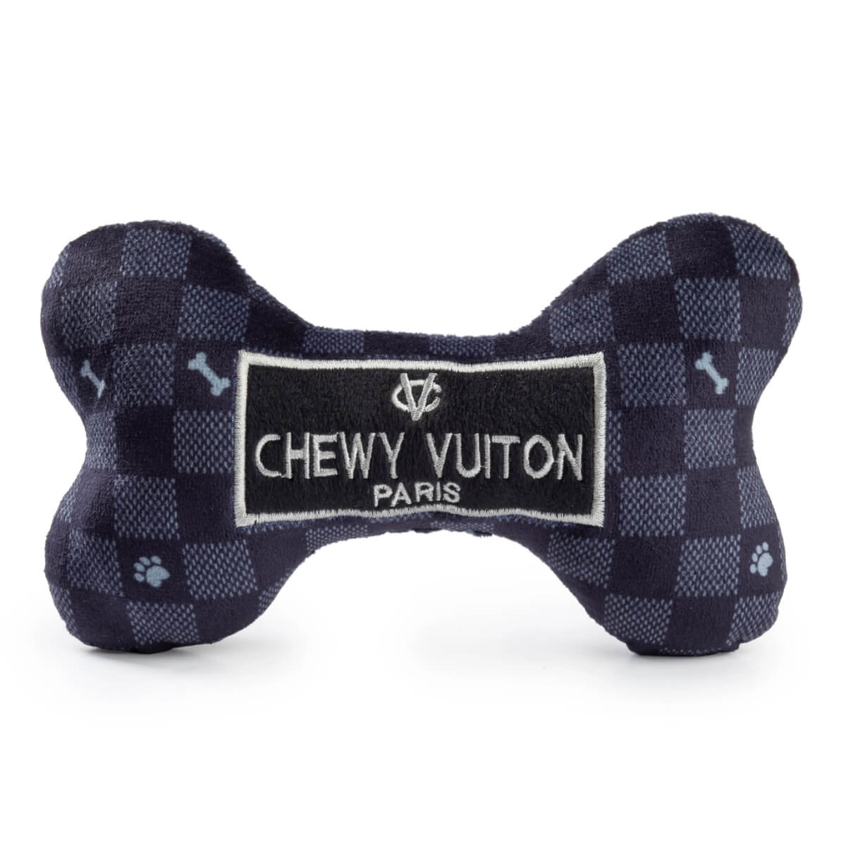 Black Checker Chewy Vuiton Bone Squeaker Dog Toy front | MILK MONEY milkmoney.co | white elephant gift ideas, gift, mother's day gift ideas, white elephant gift, gift shops near me