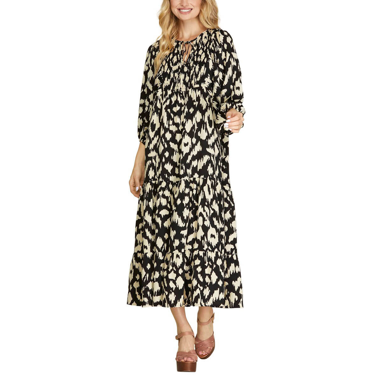 Boho Print Midi Dress black front | MILK MONEY milkmoney.co | cute clothes for women. womens online clothing. trendy online clothing stores. womens casual clothing online. trendy clothes online. trendy women's clothing online. ladies online clothing stores. trendy women's clothing stores. cute female clothes.