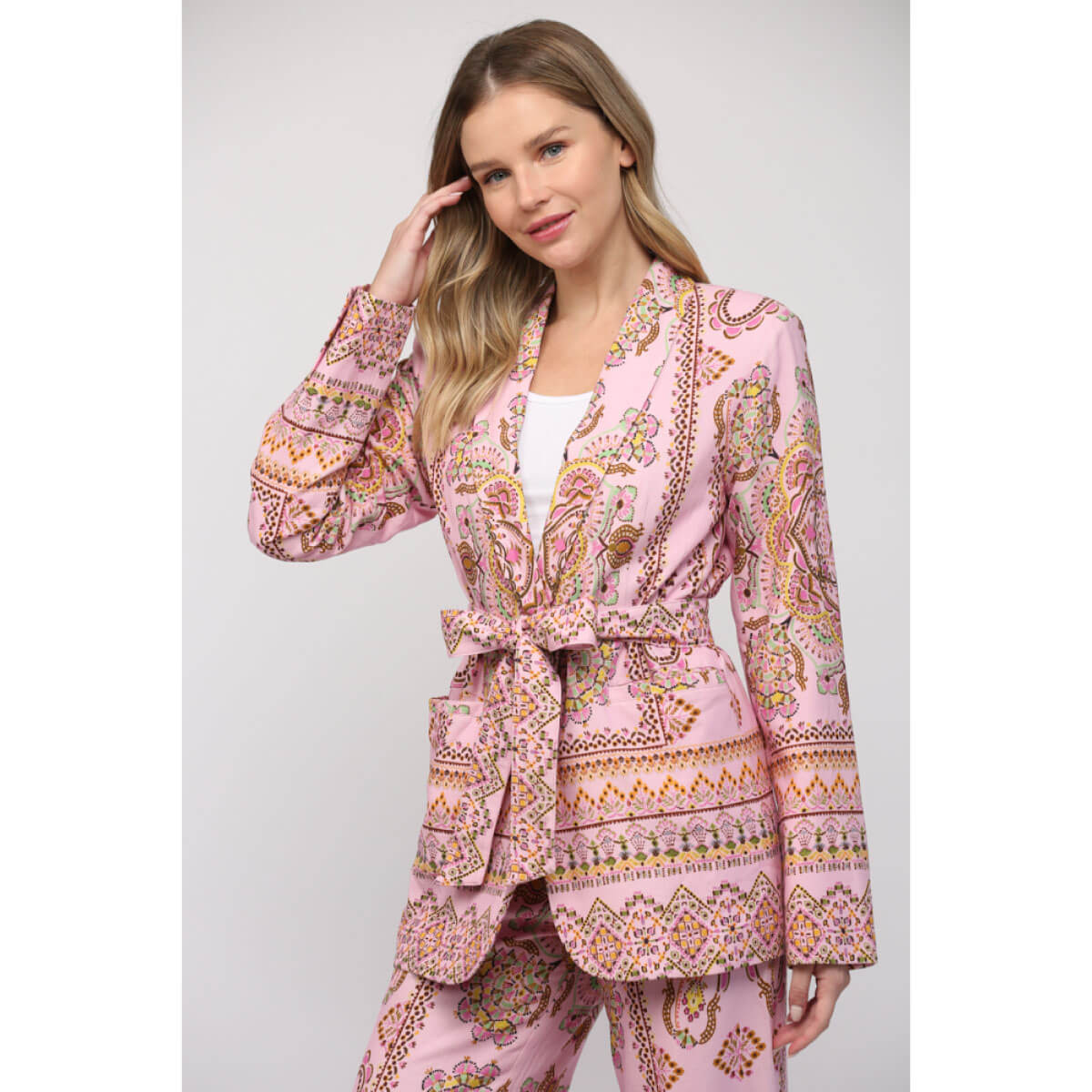 Border Print Linen Tie Waist Blazer pink front | MILK MONEY milkmoney.co | cute clothes for women. womens online clothing. trendy online clothing stores. womens casual clothing online. trendy clothes online. trendy women's clothing online. ladies online clothing stores. trendy women's clothing stores. cute female clothes.