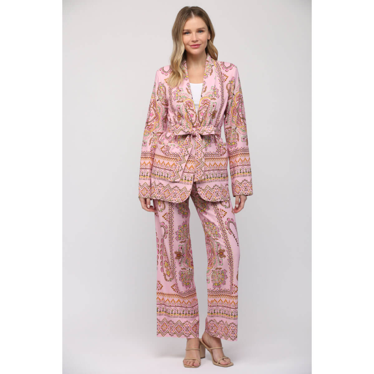 Border Print Linen Tie Waist Blazer pink front | MILK MONEY milkmoney.co | cute clothes for women. womens online clothing. trendy online clothing stores. womens casual clothing online. trendy clothes online. trendy women's clothing online. ladies online clothing stores. trendy women's clothing stores. cute female clothes.