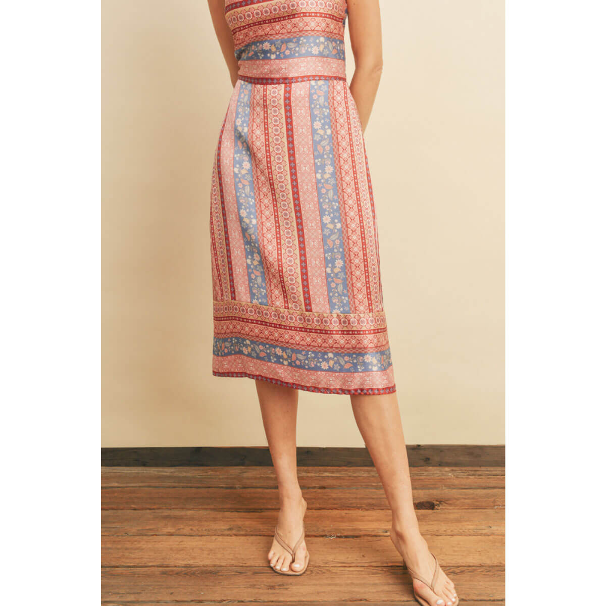 Border Print Midi Skirt pink front | MILK MONEY milkmoney.co | cute clothes for women. womens online clothing. trendy online clothing stores. womens casual clothing online. trendy clothes online. trendy women's clothing online. ladies online clothing stores. trendy women's clothing stores. cute female clothes.