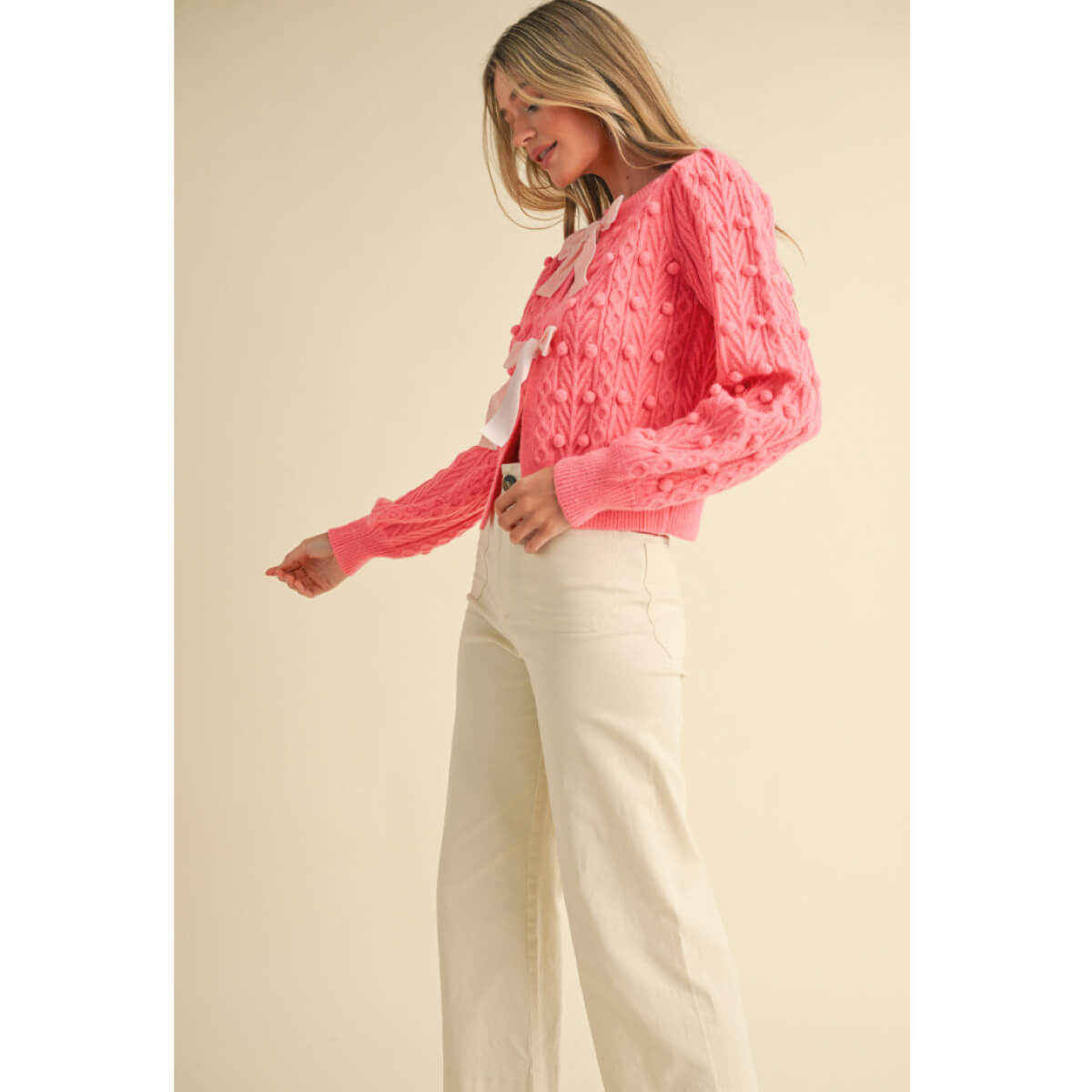 Bow-Front Cable Knit Cardigan