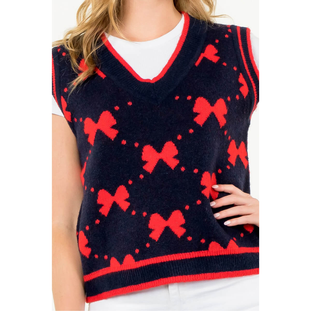 Bow Knit Sweater Vest navy front | MILK MONEY milkmoney.co | cute clothes for women. womens online clothing. trendy online clothing stores. womens casual clothing online. trendy clothes online. trendy women's clothing online. ladies online clothing stores. trendy women's clothing stores. cute female clothes.