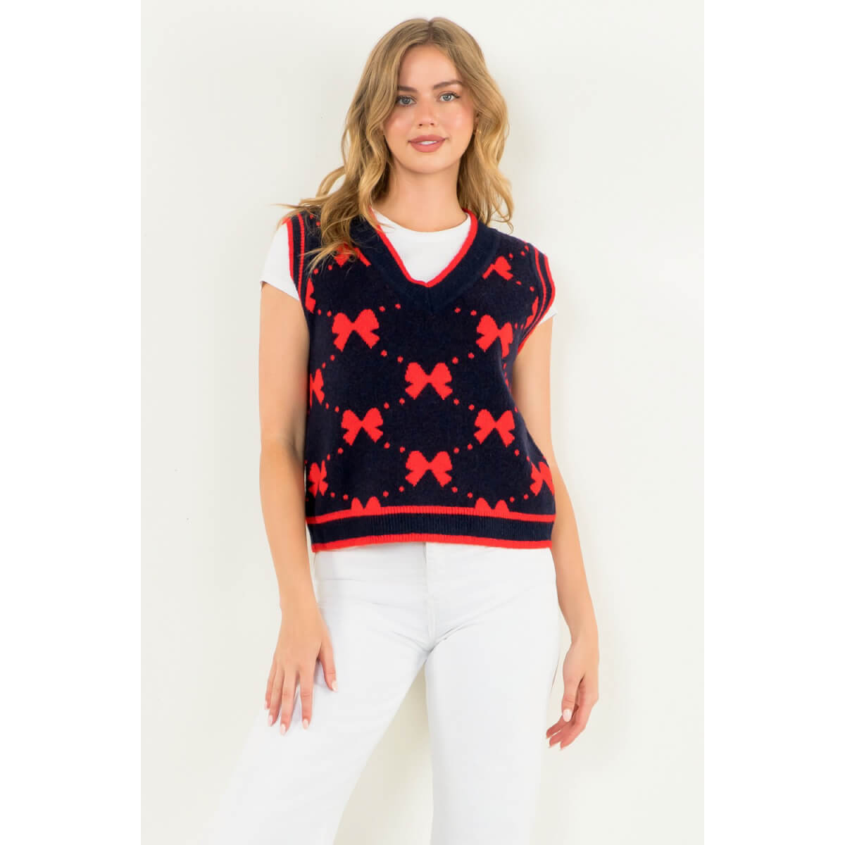 Bow Knit Sweater Vest navy front | MILK MONEY milkmoney.co | cute clothes for women. womens online clothing. trendy online clothing stores. womens casual clothing online. trendy clothes online. trendy women's clothing online. ladies online clothing stores. trendy women's clothing stores. cute female clothes.