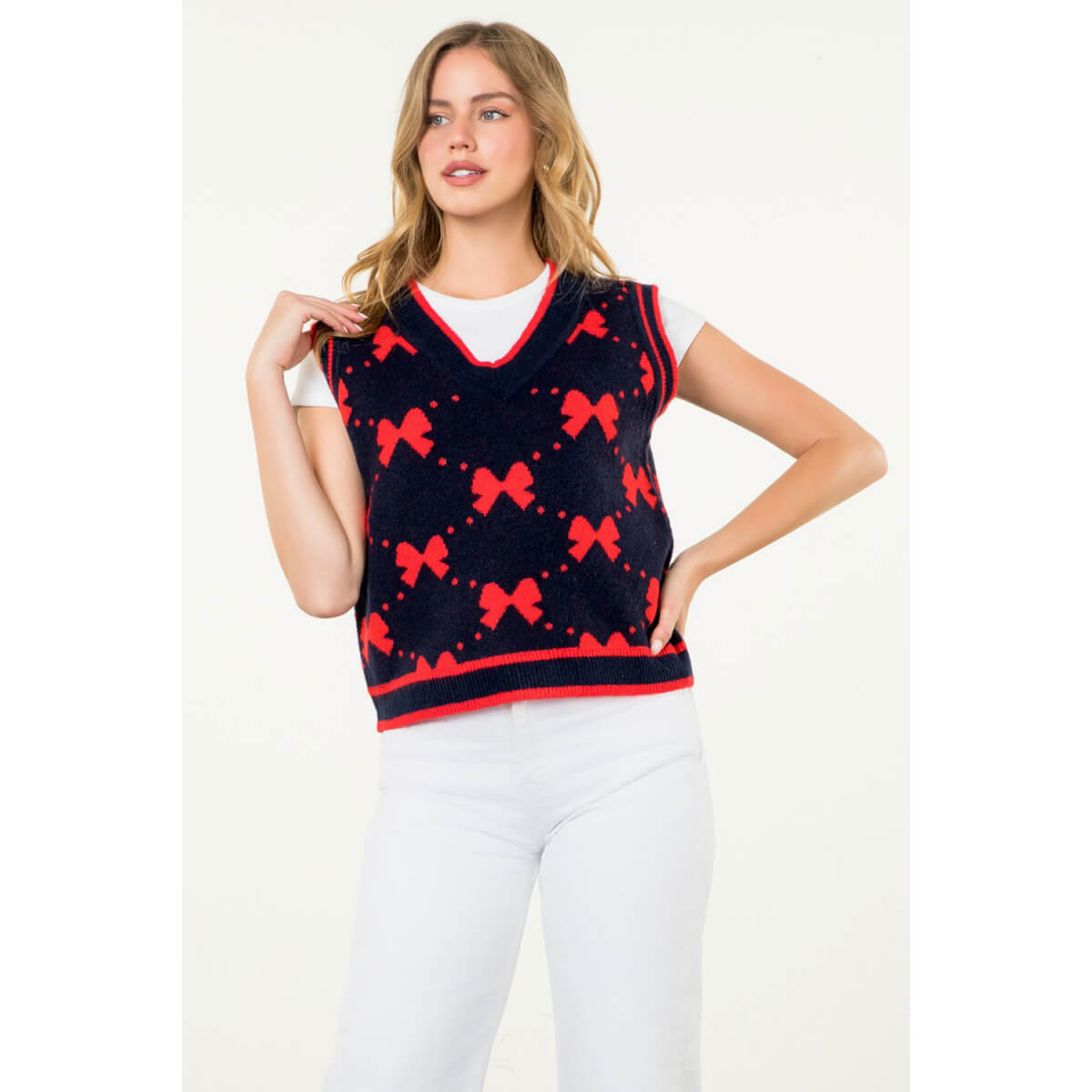 Bow Knit Sweater Vest navy front | MILK MONEY milkmoney.co | cute clothes for women. womens online clothing. trendy online clothing stores. womens casual clothing online. trendy clothes online. trendy women's clothing online. ladies online clothing stores. trendy women's clothing stores. cute female clothes.