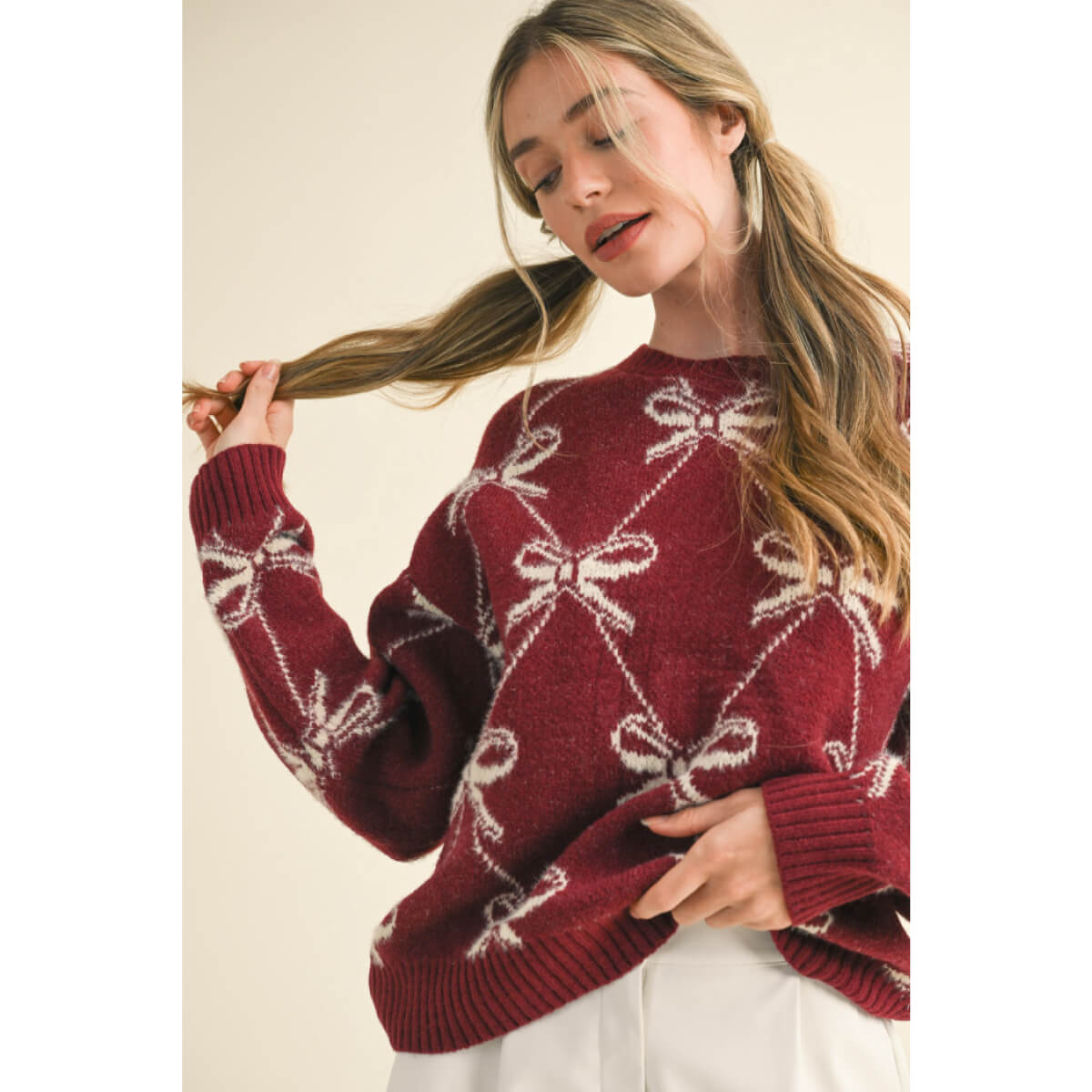 Bow Pattern Knit Sweater burg front | MILK MONEY milkmoney.co | cute sweaters for women, cute knit sweaters, cute pullover sweaters