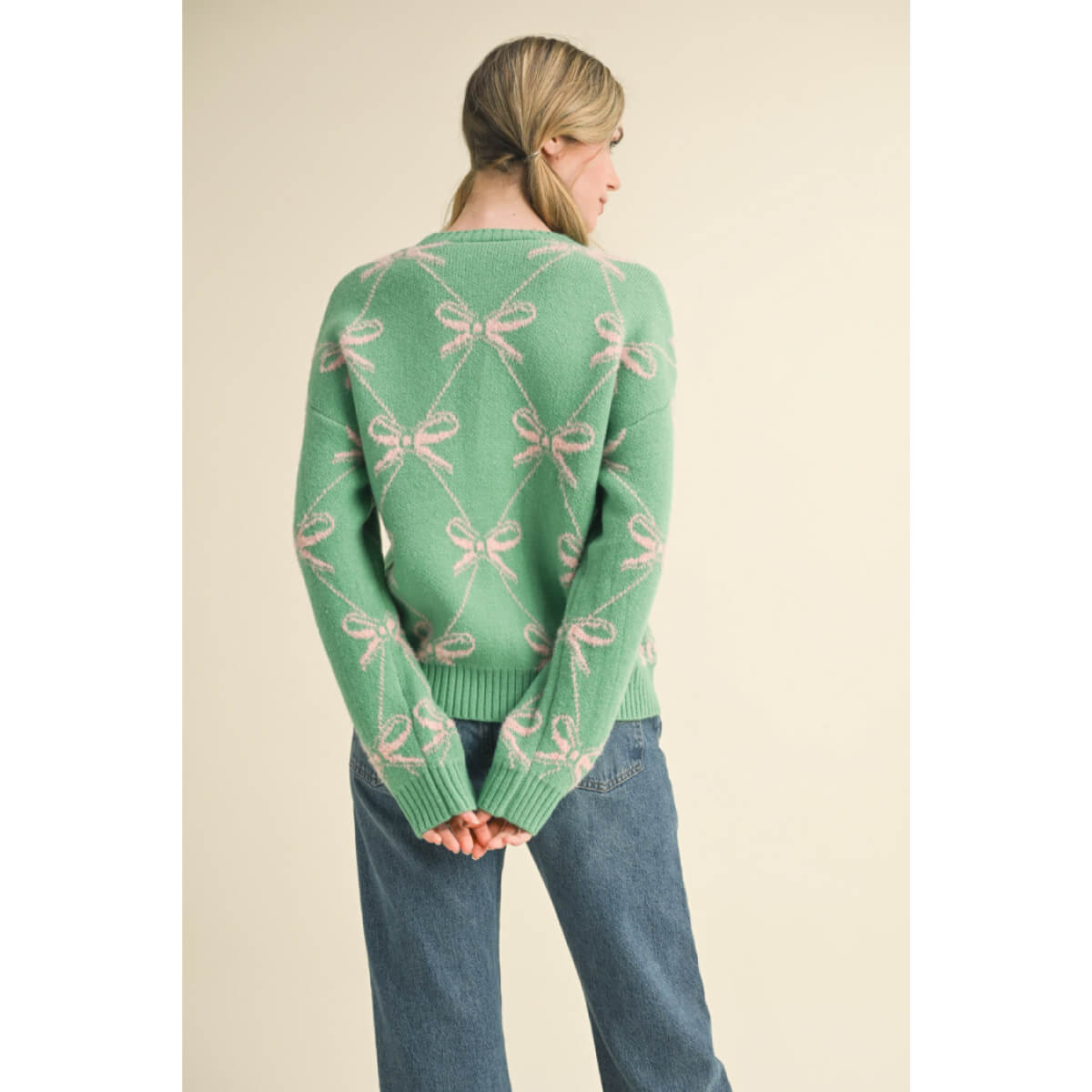 Bow Pattern Knit Sweater green back | MILK MONEY milkmoney.co | cute sweaters for women, cute knit sweaters, cute pullover sweaters