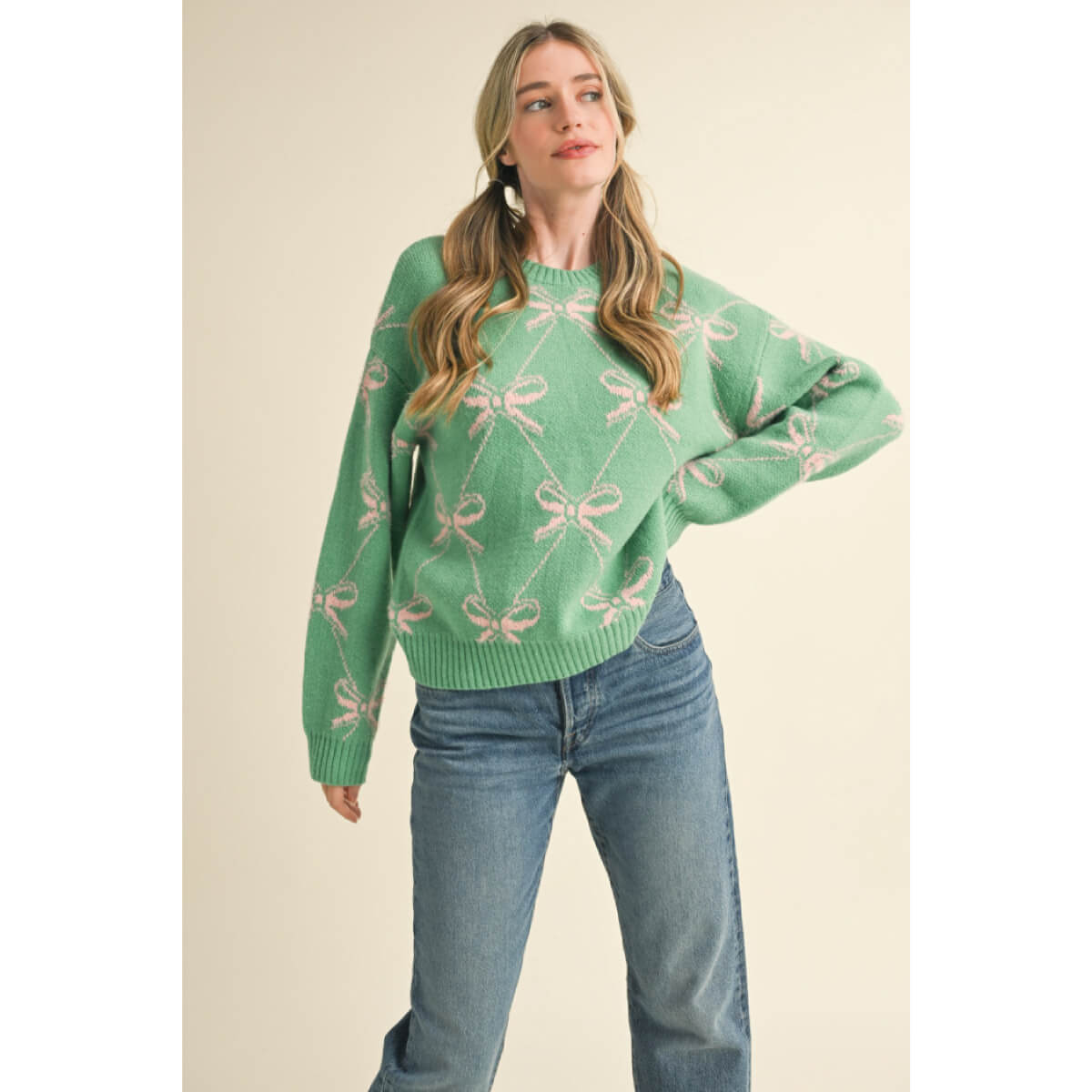 Bow Pattern Knit Sweater green front | MILK MONEY milkmoney.co | cute sweaters for women, cute knit sweaters, cute pullover sweaters
