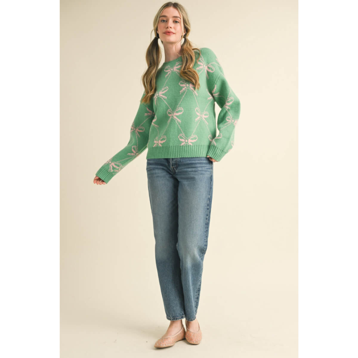 Bow Pattern Knit Sweater green front | MILK MONEY milkmoney.co | cute sweaters for women, cute knit sweaters, cute pullover sweaters