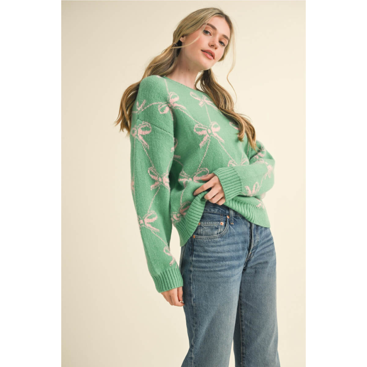 Bow Pattern Knit Sweater green side | MILK MONEY milkmoney.co | cute sweaters for women, cute knit sweaters, cute pullover sweaters