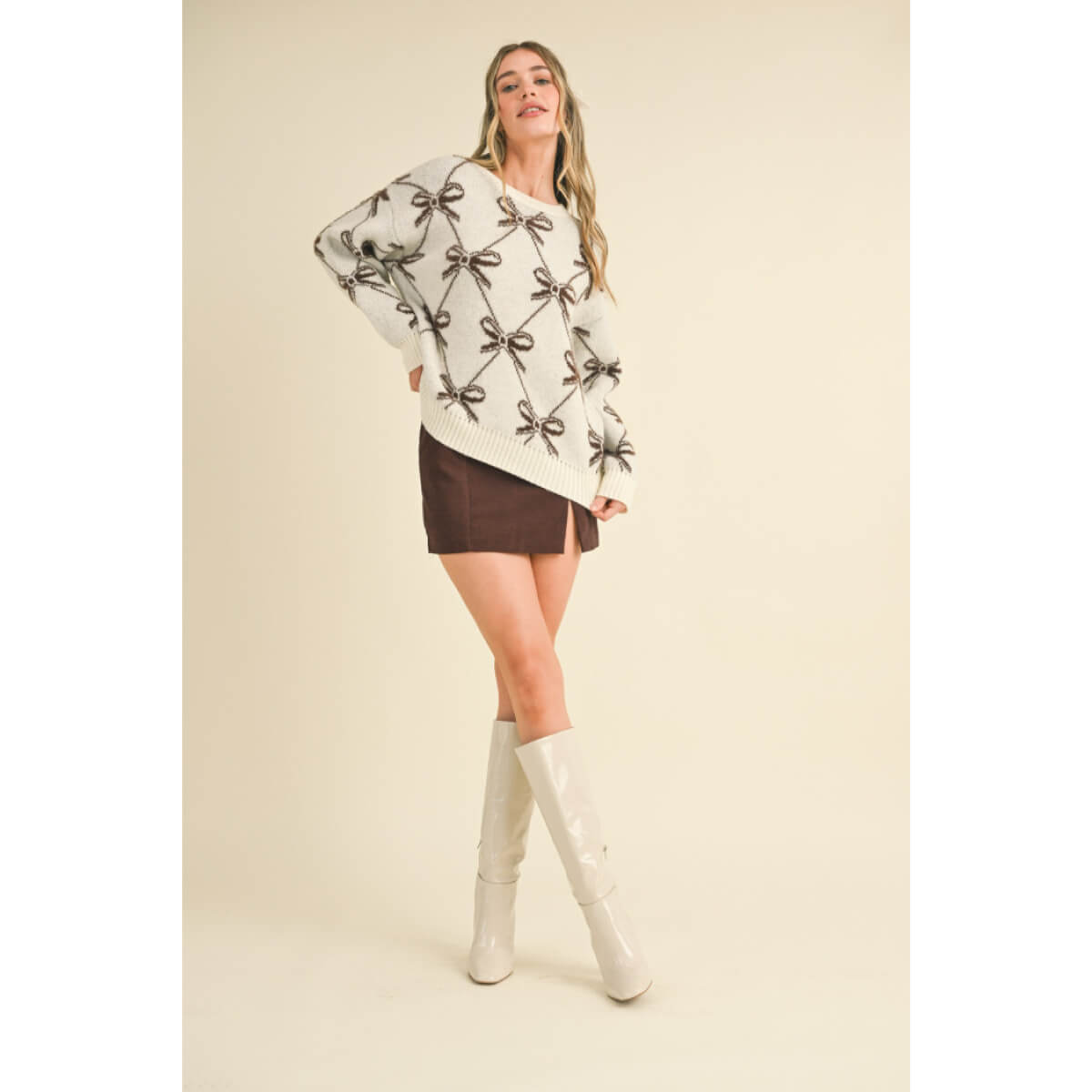 Bow Pattern Knit Sweater ivory front | MILK MONEY milkmoney.co | cute sweaters for women, cute knit sweaters, cute pullover sweaters