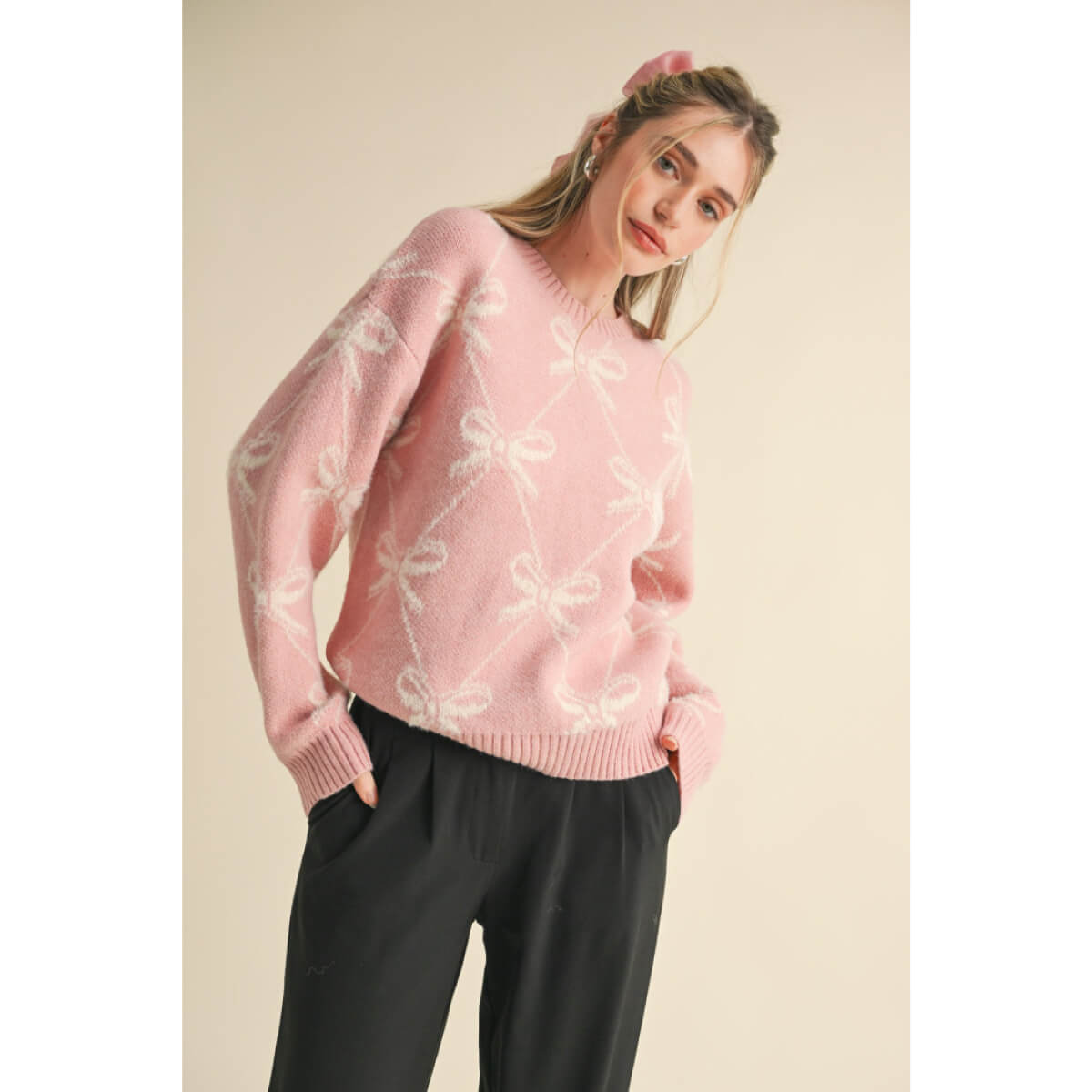 Bow Pattern Knit Sweater pink front | MILK MONEY milkmoney.co | cute sweaters for women, cute knit sweaters, cute pullover sweaters