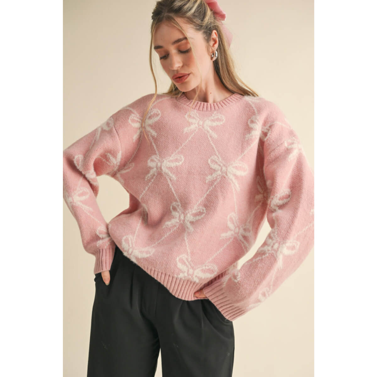 Bow Pattern Knit Sweater pink front | MILK MONEY milkmoney.co | cute sweaters for women, cute knit sweaters, cute pullover sweaters